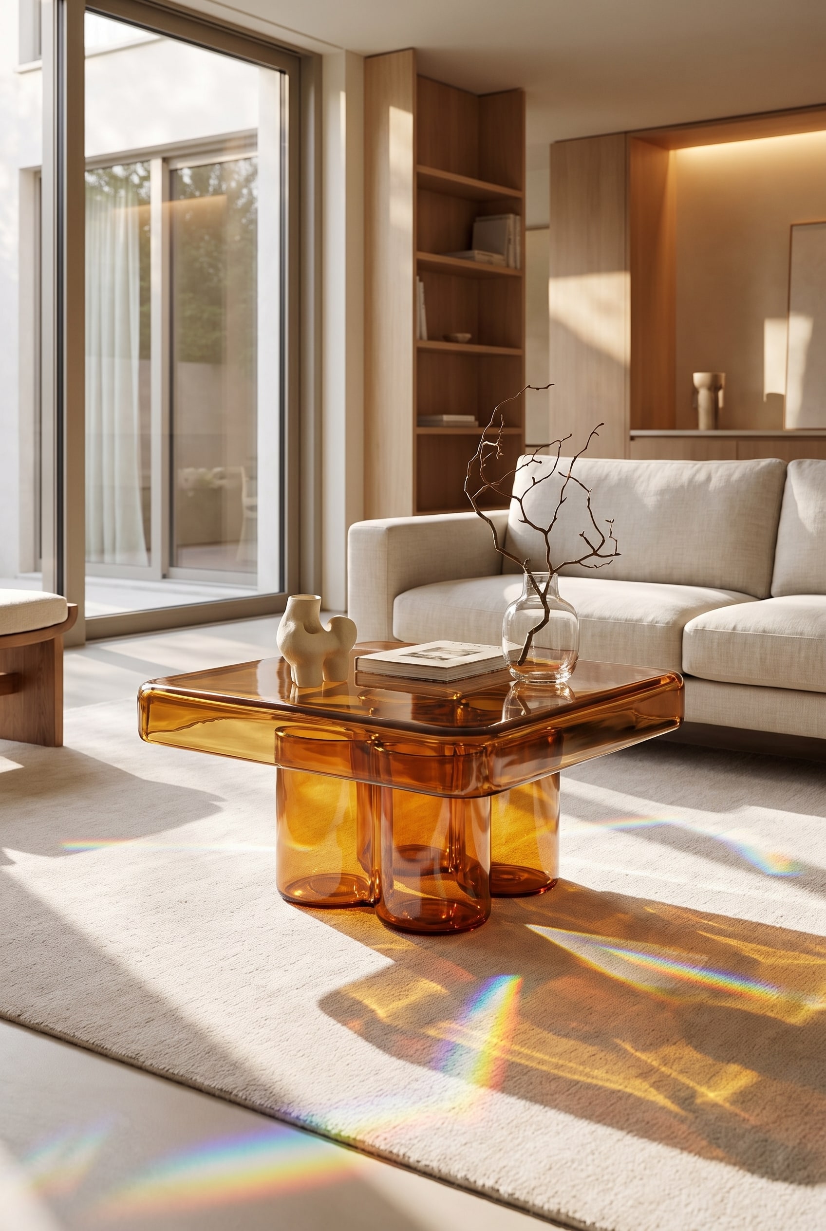 Salon baigné de lumière avec une table basse carrée en verre de Murano massif de couleur ambre, posée sur un tapis clair, projetant des reflets lumineux colorés.
