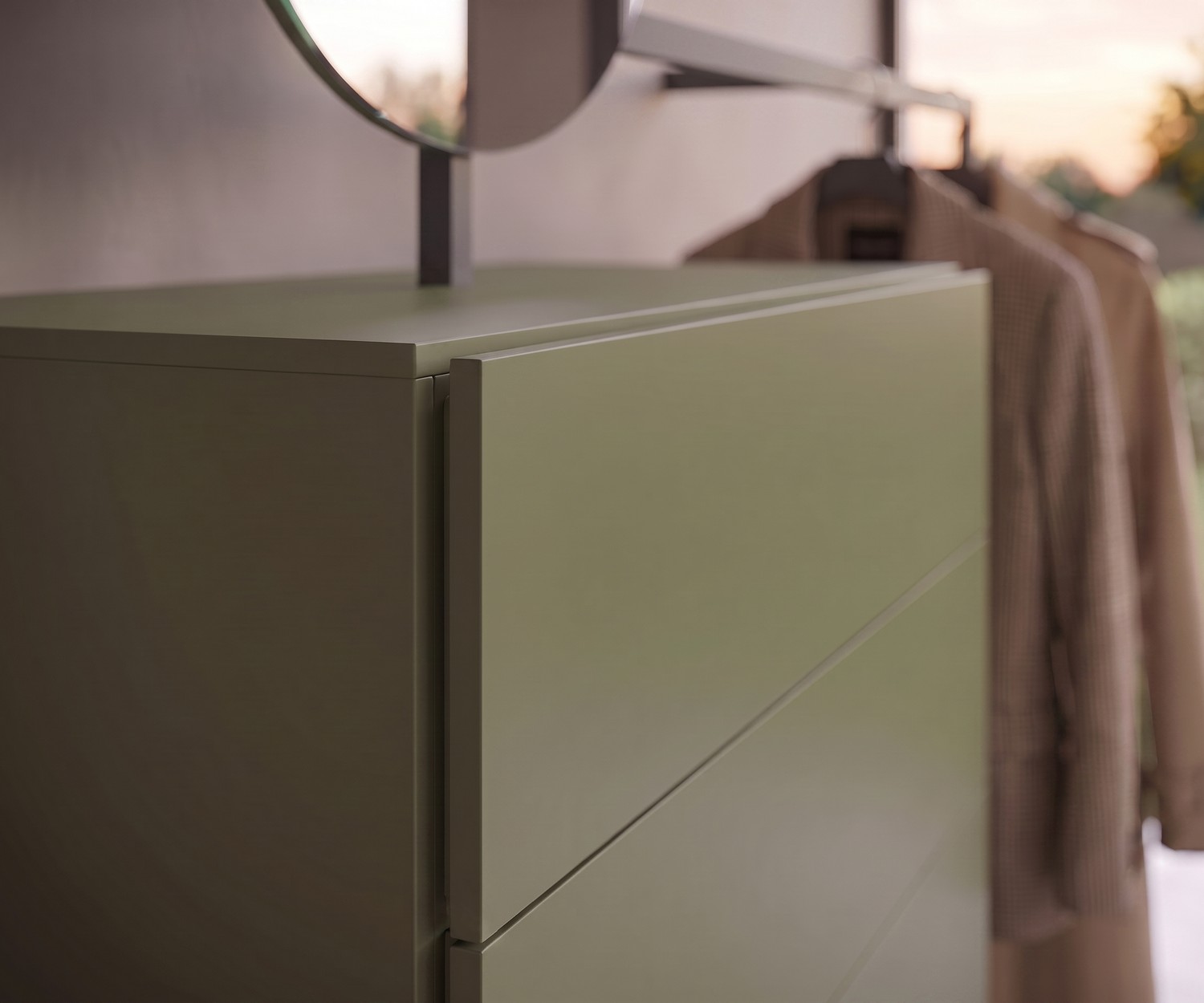 Olivgrüne Novamobili Kommode Easy 9 mit Garderobe Novamobili Kommode Easy 9 für Flur und Schlafzimmer, moderne Garderobe in Olivgrün mit Schubladen zur Aufbewahrung.