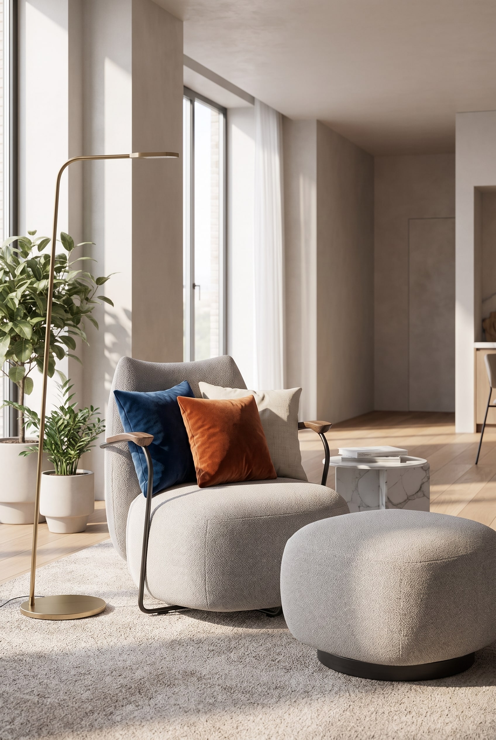 Un salon moderne avec le fauteuil Prostoria Buffa, décoré de coussins en lin et velours assortis à la saison.