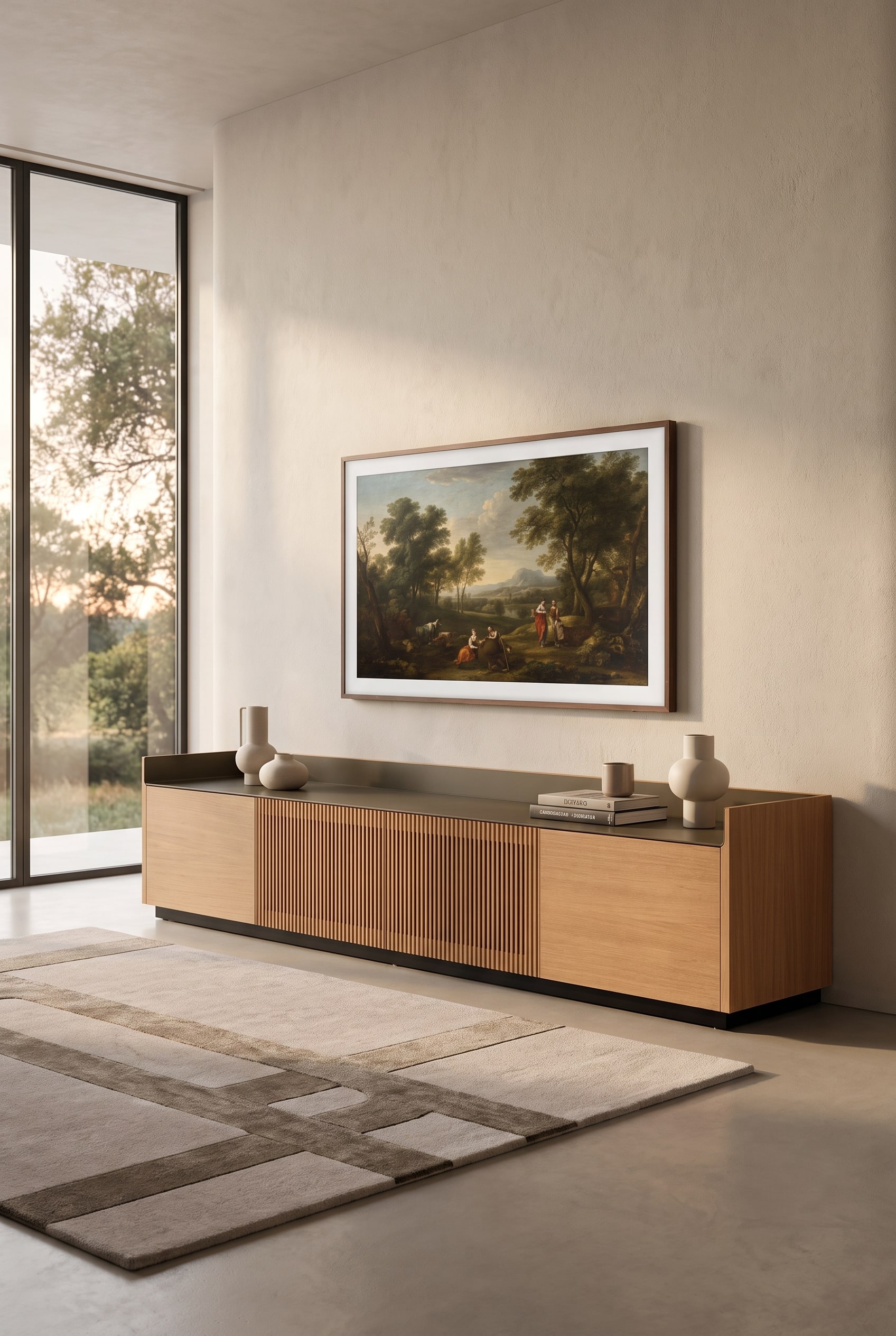 Un large meuble TV bas en bois foncé dans un salon moderne, avec une télévision placée au-dessus en mode art pour montrer une proportion harmonieuse.