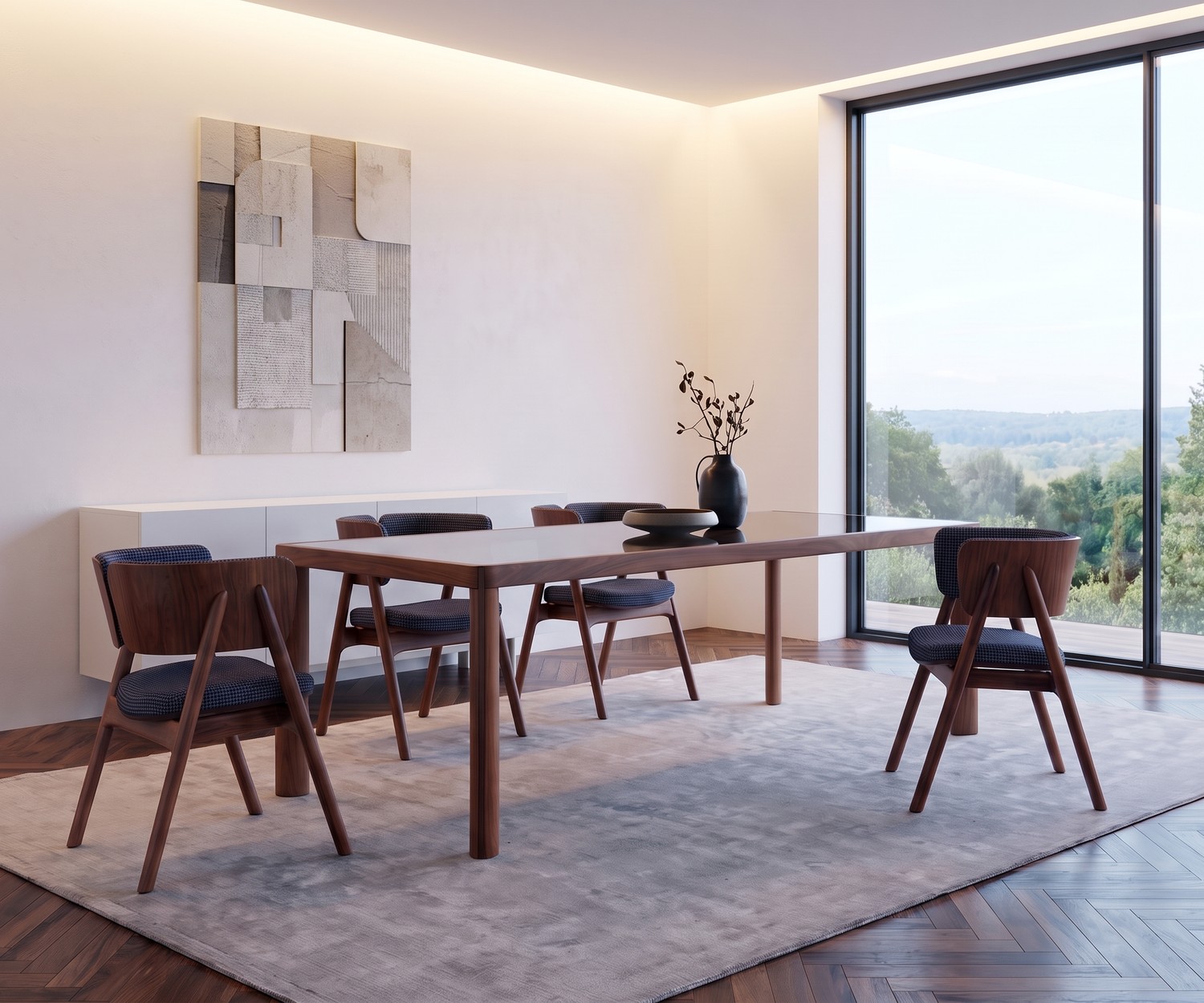 al2 ka-bera 001 b Designer-Esstisch aus Holz al2 ka-bera 001 b Esstisch im modernen Esszimmer. Eleganter Holztisch aus Walnuss mit stilvollen Designer-Stühlen.