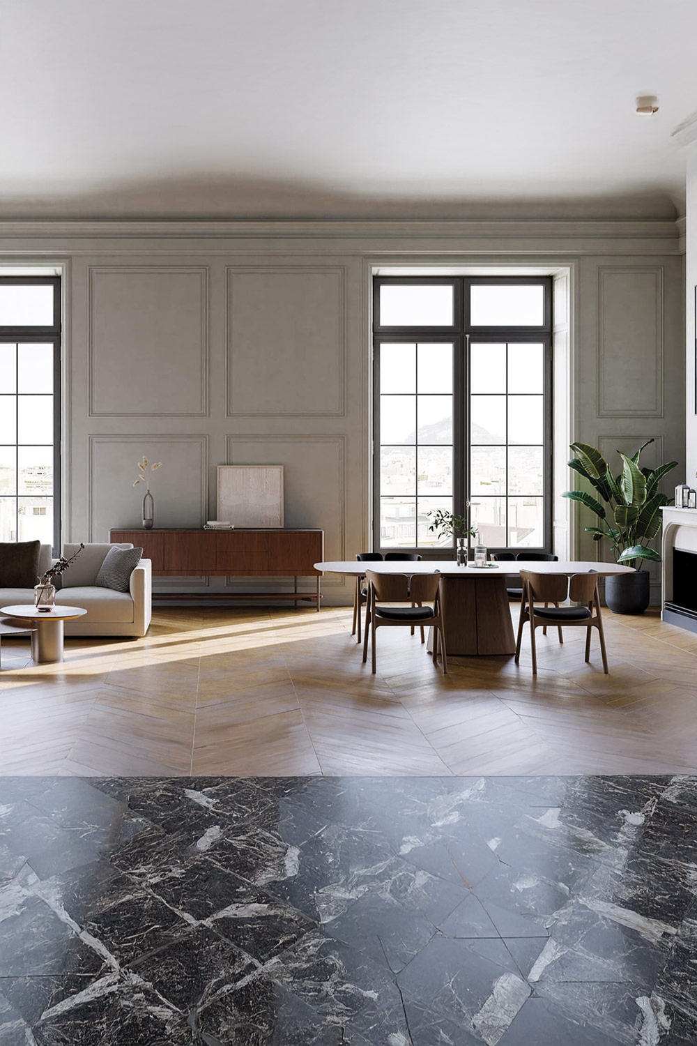 table à manger remarquable avec socle central dans un salon et salle à manger spacieuse