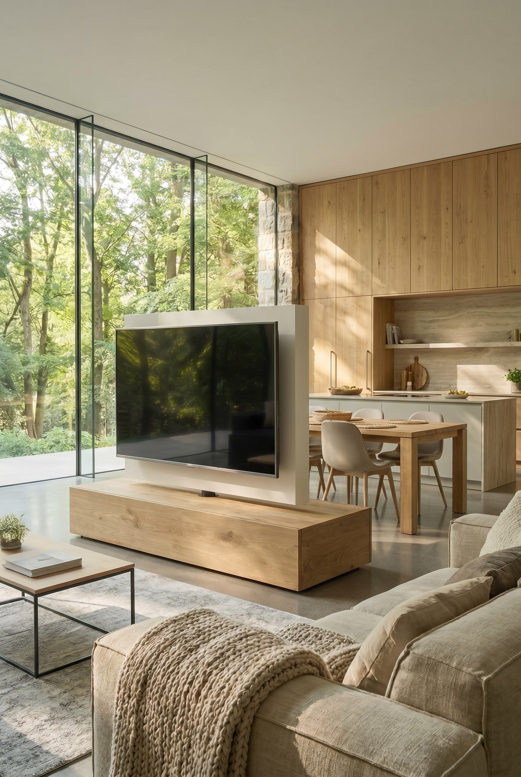 Concept d'am&eacute;nagement moderne pour cuisine-salon ouverte avec &eacute;l&eacute;ment de s&eacute;paration semi-haut comme fronti&egrave;re spatiale invisible