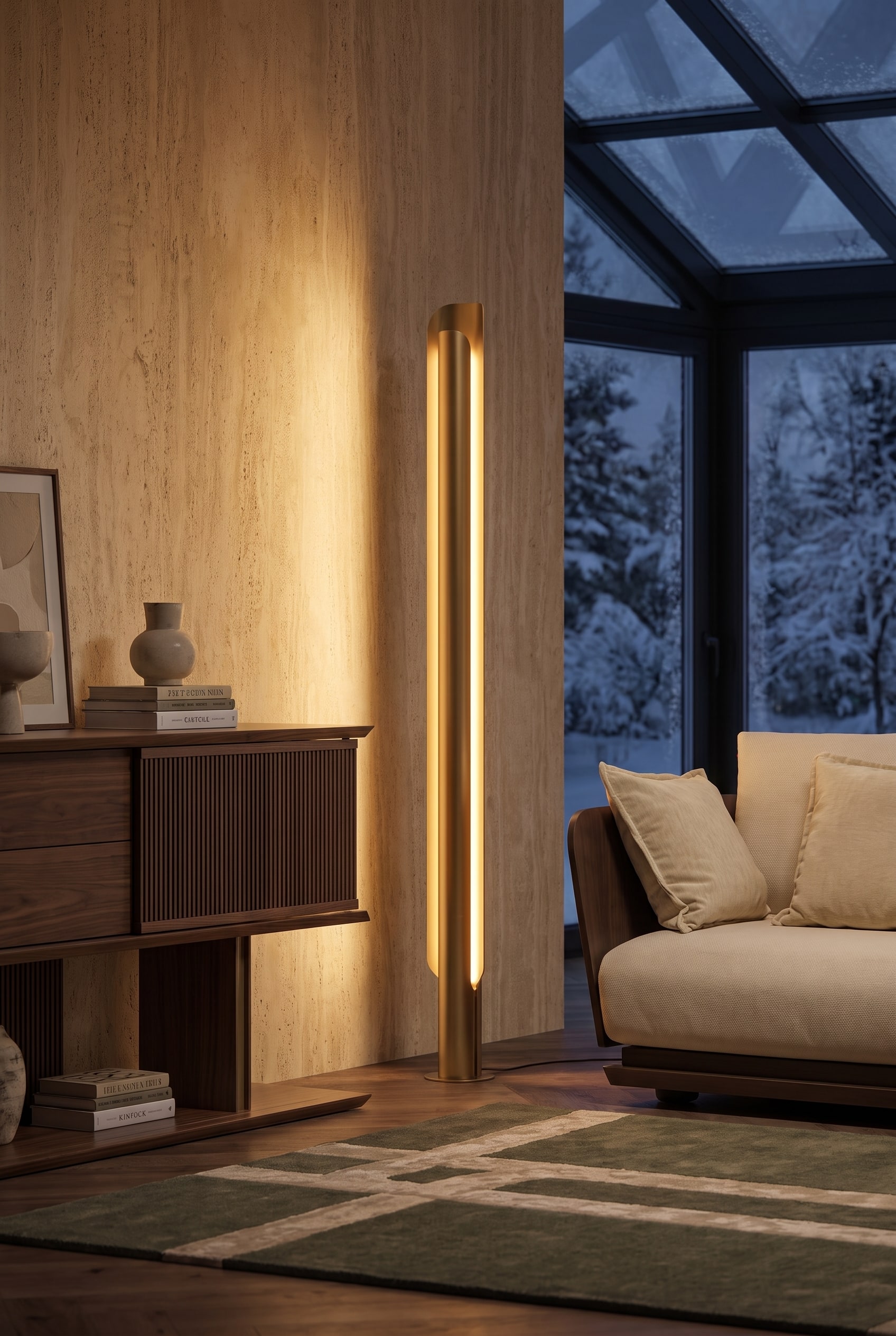 &Eacute;l&eacute;gante lampe de table en m&eacute;tal sur un buffet en bois fonc&eacute; dans le jardin d'hiver, projetant une lumi&egrave;re chaude et indirecte sur le mur. En arri&egrave;re-plan, des fa&ccedil;ades vitr&eacute;es hivernales floues.