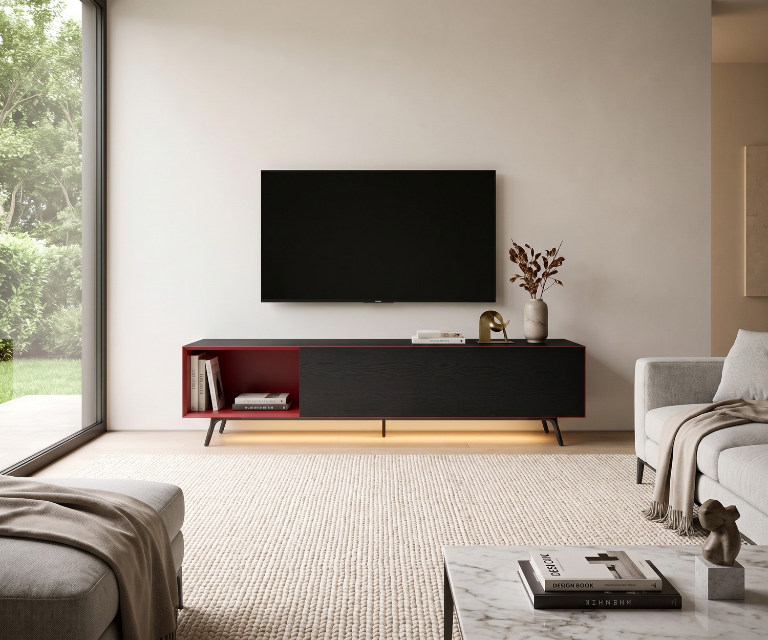 Livitalia Minimal Lowboard mit rotem Fach & LED Livitalia Minimal Lowboard als TV-Möbel im Wohnzimmer. Schwarzer Korpus, rotes offenes Fach und LED-Beleuchtung.