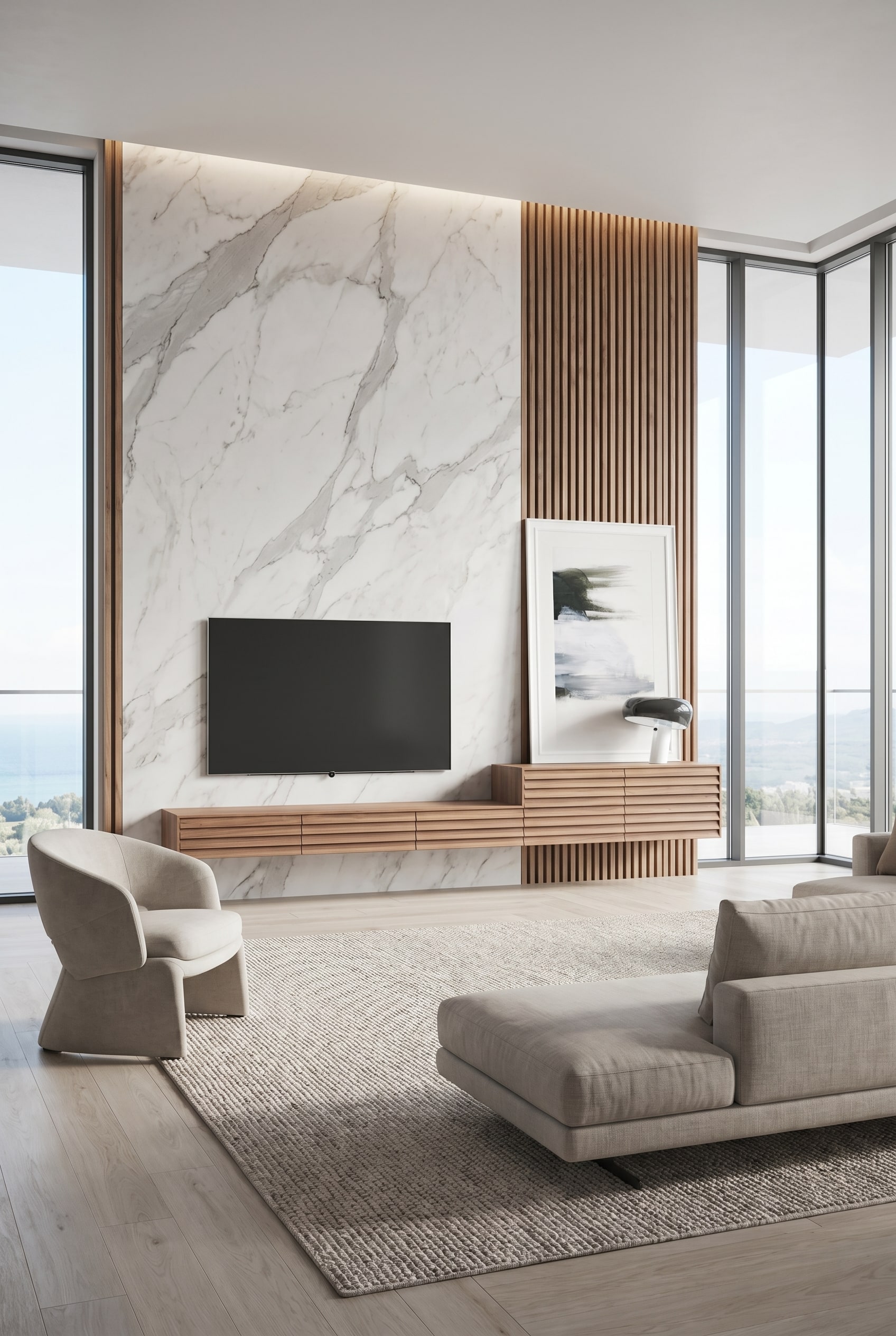 Meuble bas flottant en bois avec fa&ccedil;ade rainur&eacute;e &agrave; c&ocirc;t&eacute; de panneaux verticaux effet marbre et d'une grande t&eacute;l&eacute;vision