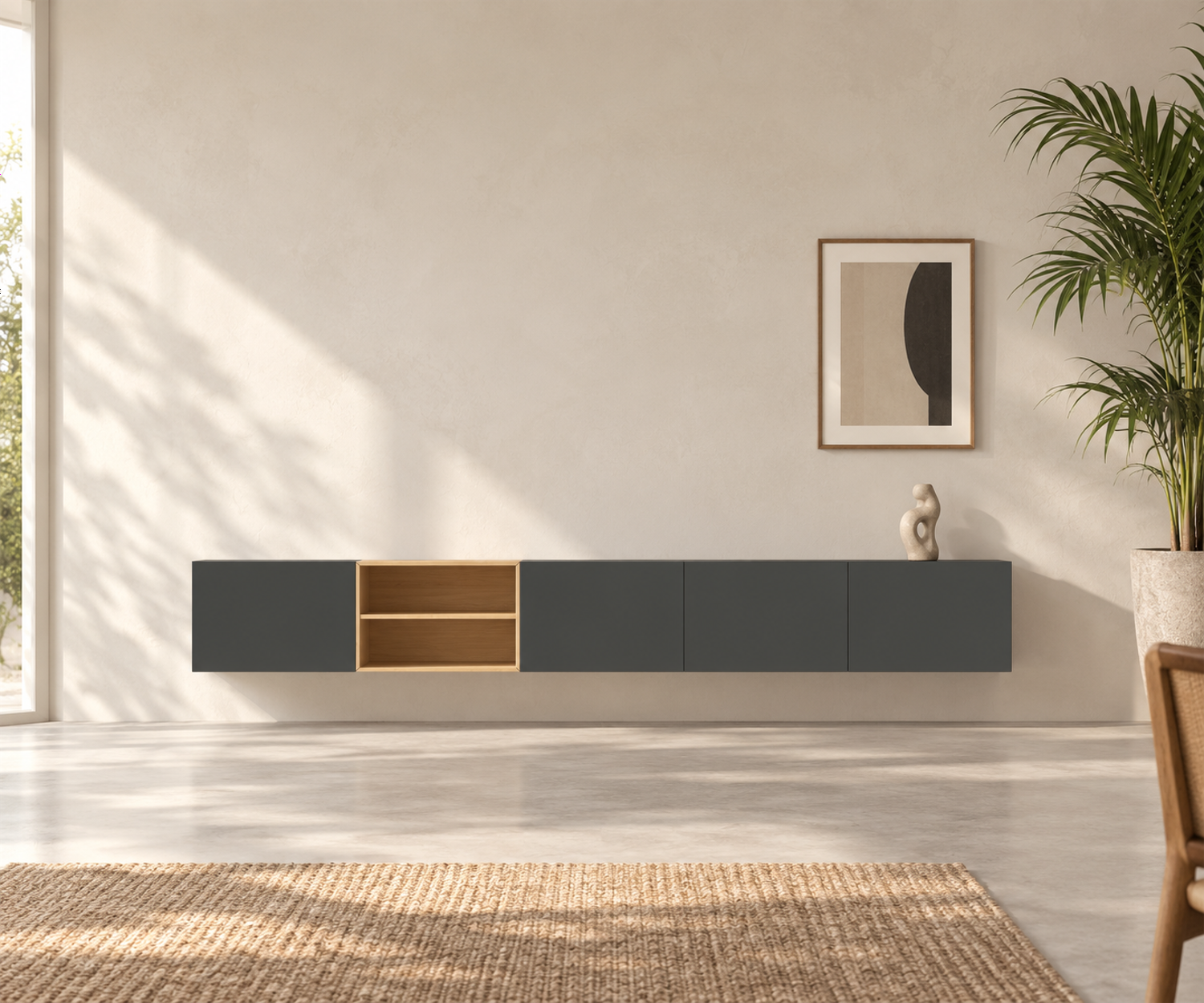 Livitalia Box 18 Wand Sideboard 300 cm – Matt Dunkelgrau + Eiche Hell