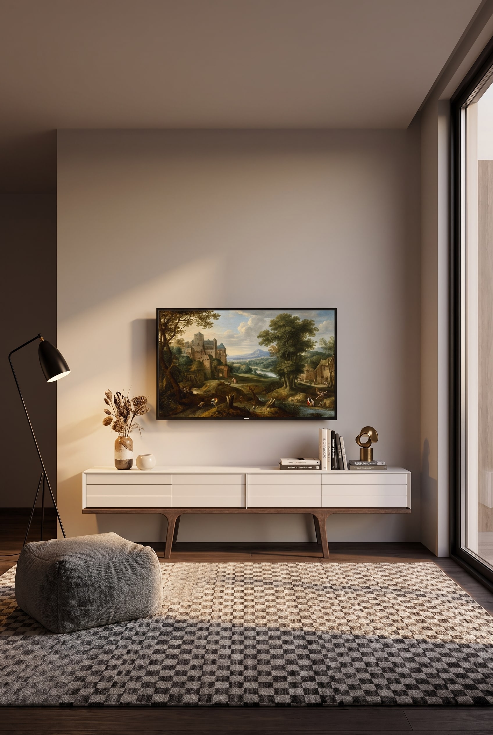 Salon avec un sideboard plat en chêne, au-dessus un tableau d'art avec exactement 20 cm d'écart par rapport au bord du meuble