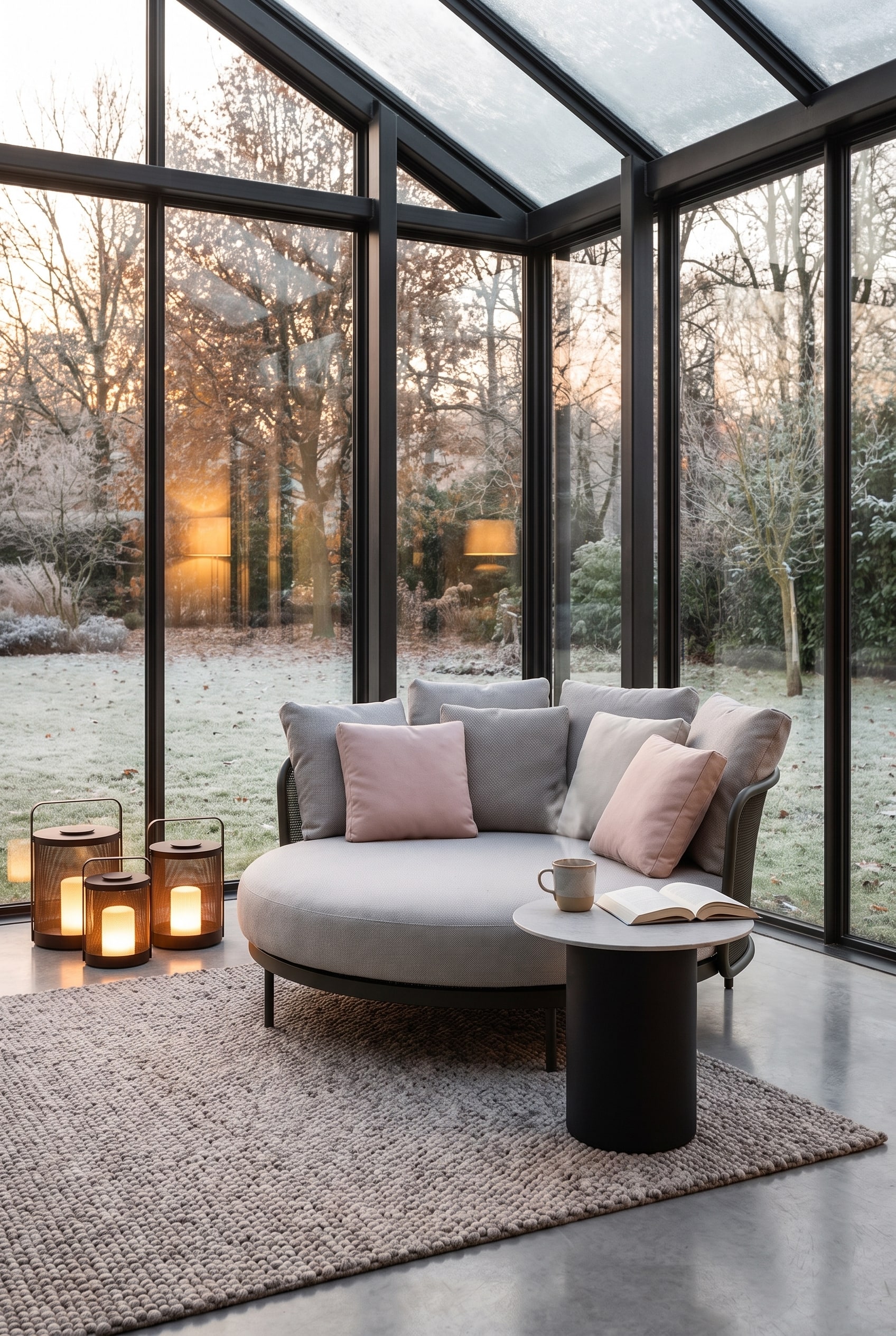Daybed rond et confortable avec rev&ecirc;tement gris clair et de nombreux coussins textur&eacute;s dans un coin du jardin d'hiver. &Agrave; c&ocirc;t&eacute;, une petite table d'appoint avec une tasse de th&eacute;.
