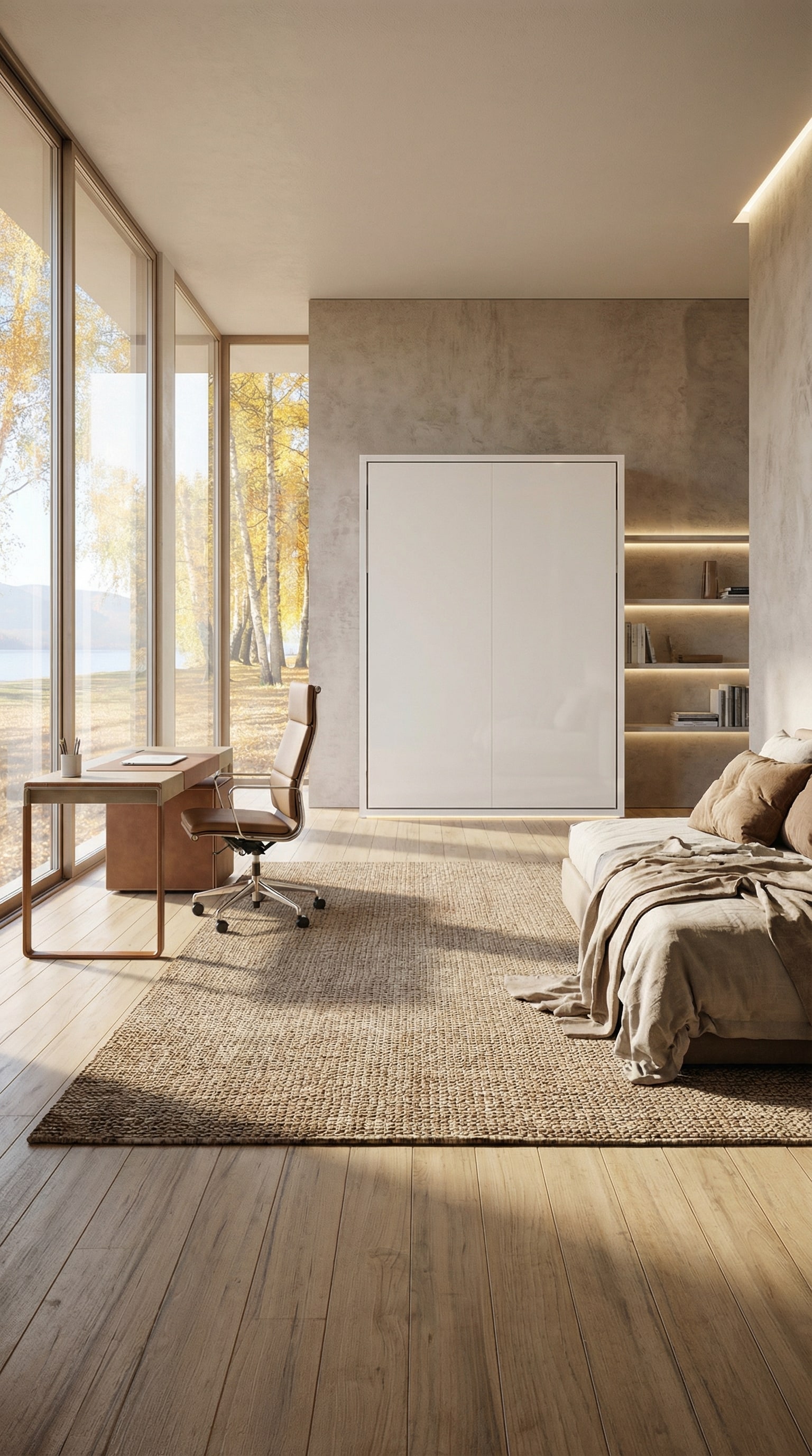 Bureau moderne qui se transforme en une chambre d'amis à part entière grâce à un élégant lit escamotable Clei Penelope 2. Bureau moderne qui se transforme en une chambre d'amis à part entière grâce à un élégant lit escamotable Clei Penelope 2.