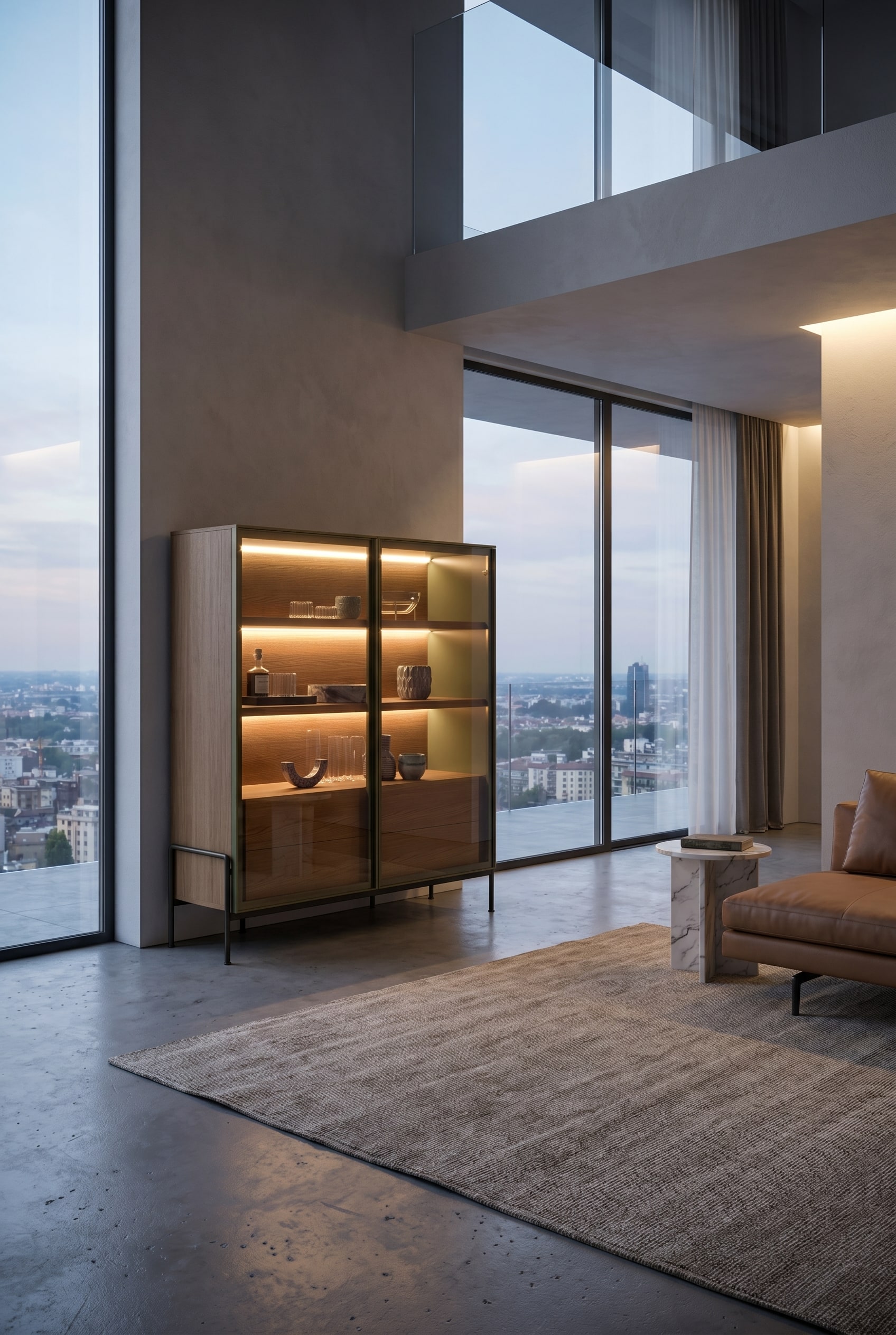 Salon moderne avec un highboard en ch&ecirc;ne et portes vitr&eacute;es bronz&eacute;es, o&ugrave; des bandeaux lumineux LED horizontaux &eacute;clairent sans &eacute;blouissement un arrangement de vases en c&eacute;ramique