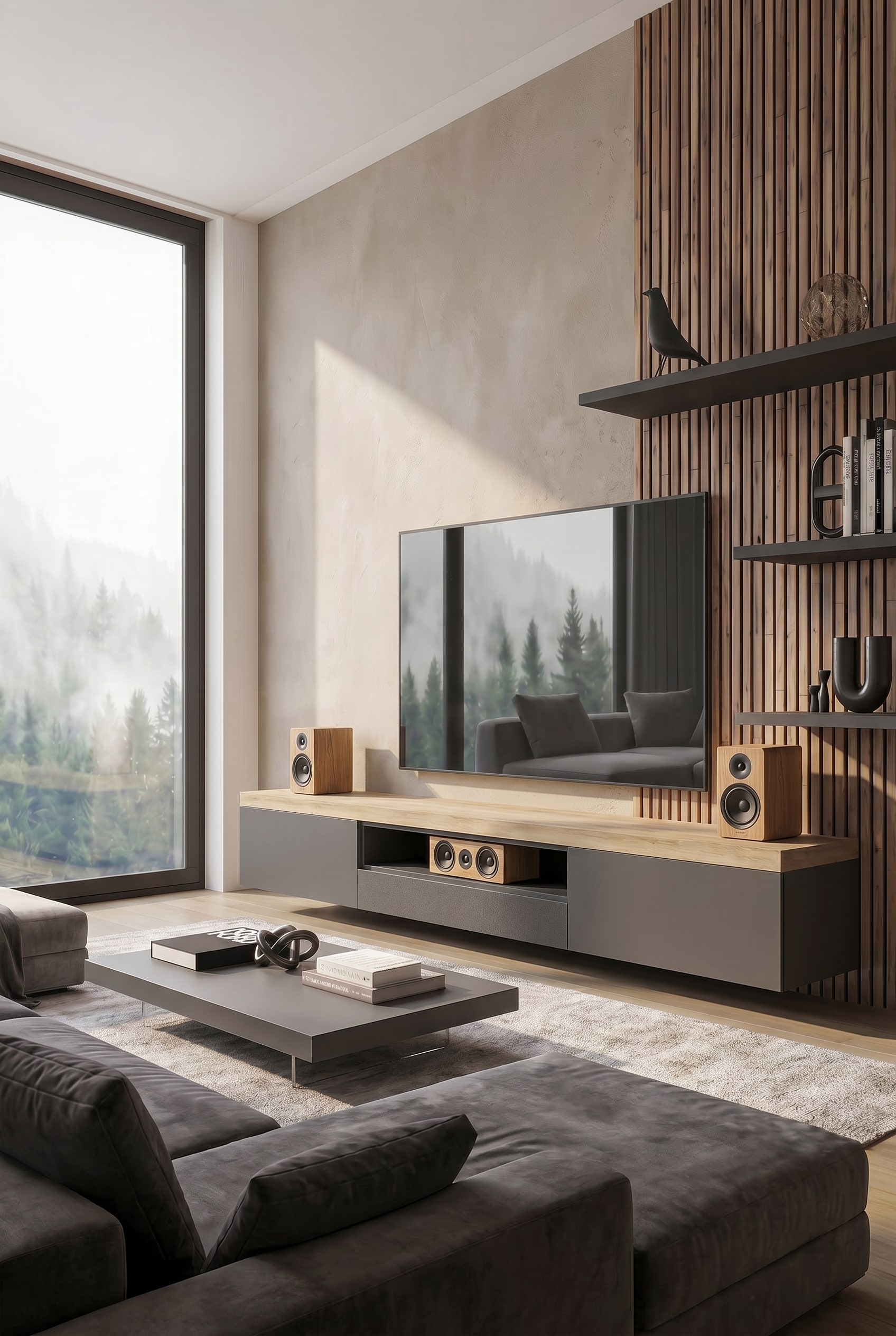 Salon moderne avec meuble TV gris fonc&eacute; au sol, grain de bois visible comme accent et barre de son int&eacute;gr&eacute;e de mani&egrave;re invisible derri&egrave;re une fa&ccedil;ade en tissu