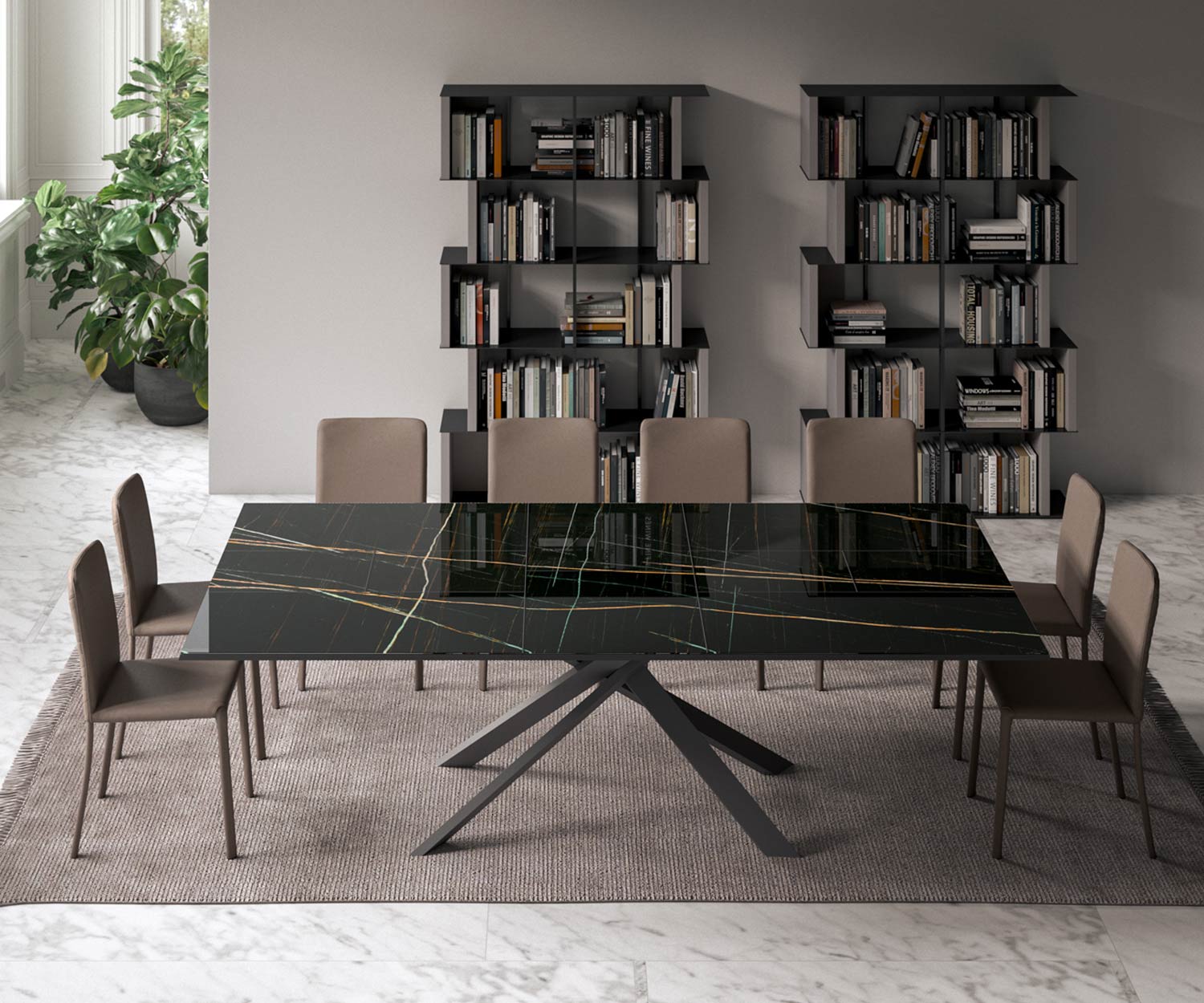 Table de salle à manger extensible avec plateau en verre en marbre noir piétement graphite
