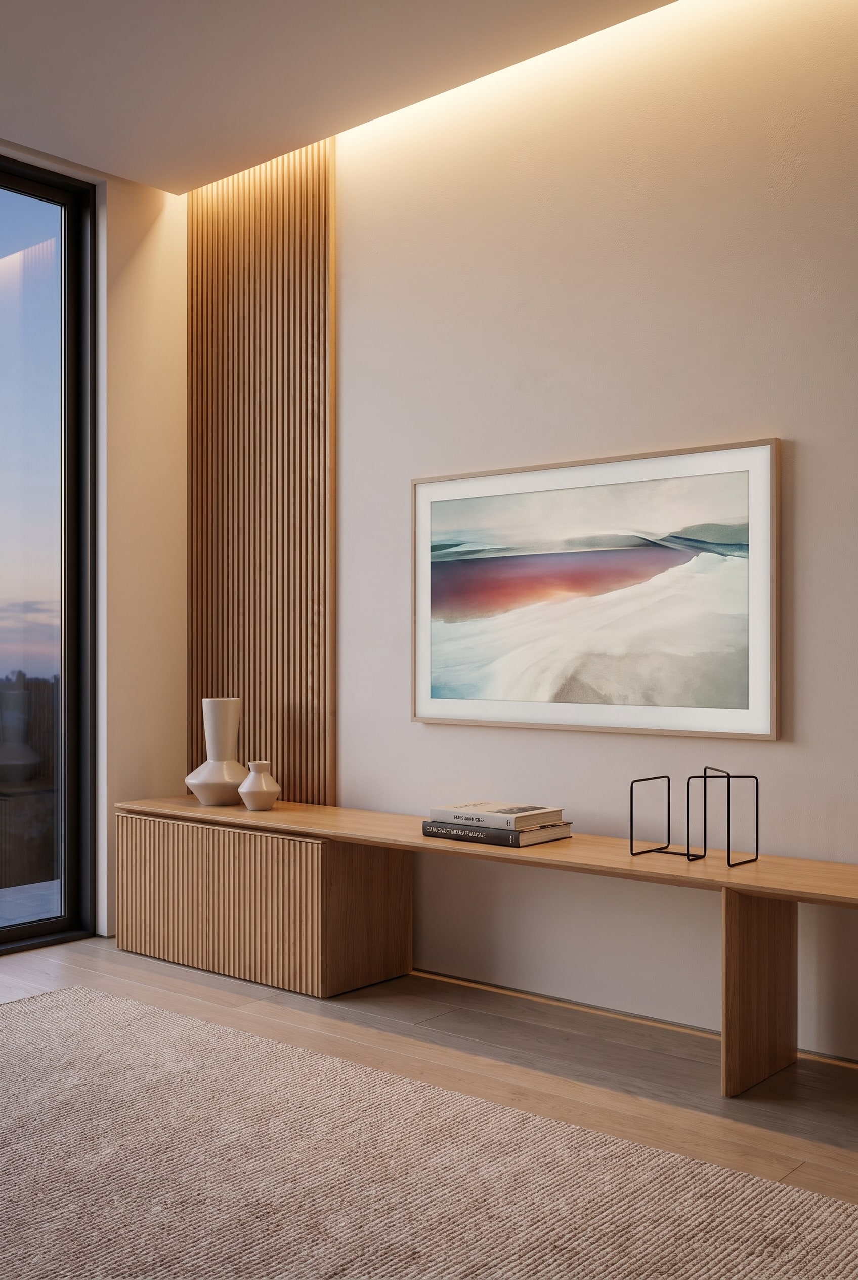 Un buffet design minimaliste sans poignées dans un salon moderne, au-dessus duquel est suspendu un grand téléviseur Frame affichant une œuvre d'art classique.