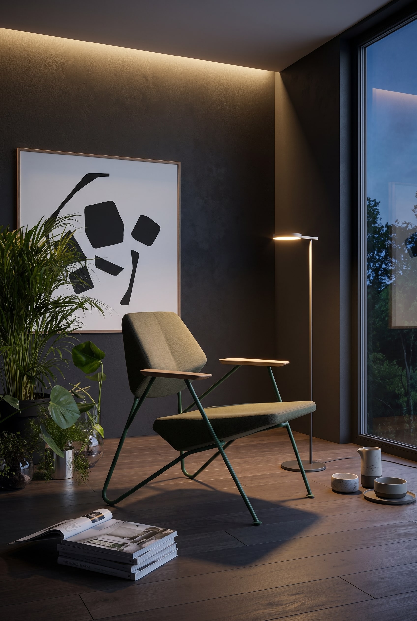 Salon avec mur anthracite, fenêtres pleine hauteur et un fauteuil anguleux avec cadre métallique et revêtement vert
