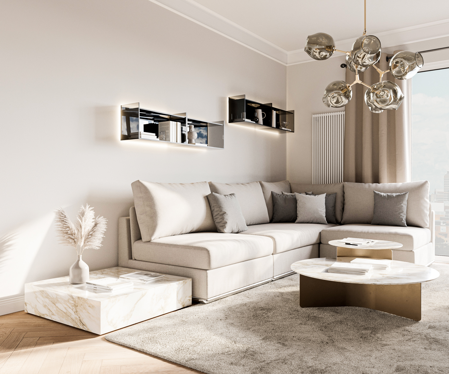 Stilvolles Design Wohnzimmer mit Ecksofa und Glas Wandregal Stilvolles Design Wohnzimmer mit Ecksofa und Glas Wandregal