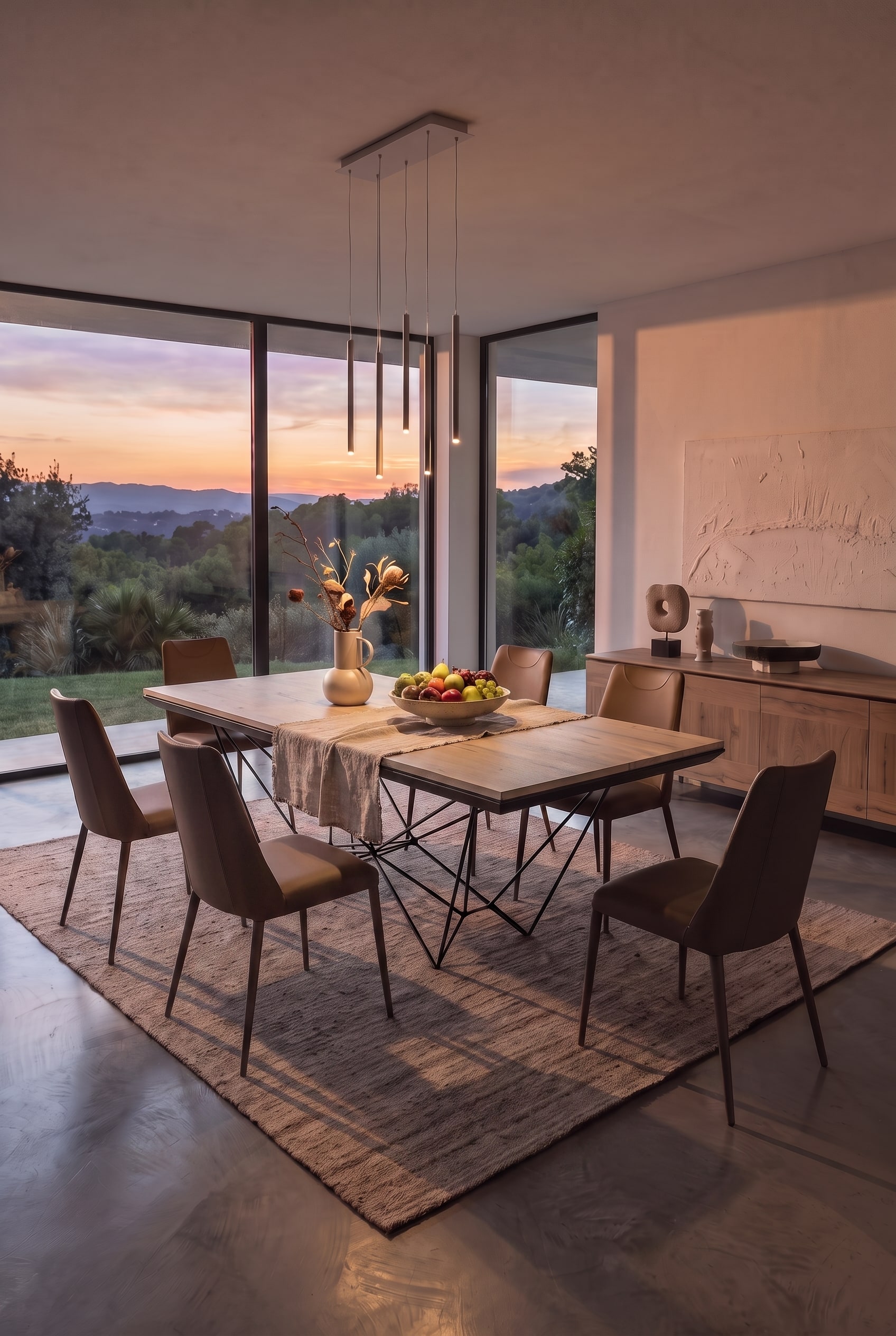 Table &agrave; manger Ozzio Fil8 ferm&eacute;e en bois avec six chaises en cuir marron devant une fen&ecirc;tre avec coucher de soleil.