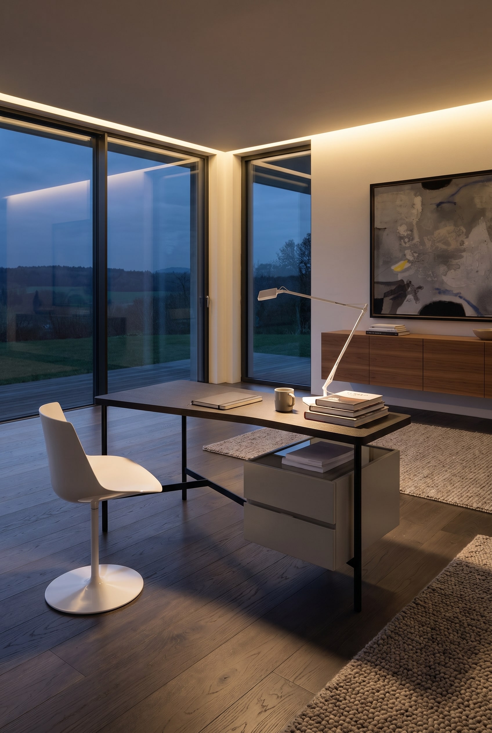 Bureau minimaliste avec un bureau laqu&eacute; mat extr&ecirc;mement plat, une chaise en cuir et une seule tasse en c&eacute;ramique devant des fen&ecirc;tres pleine hauteur.