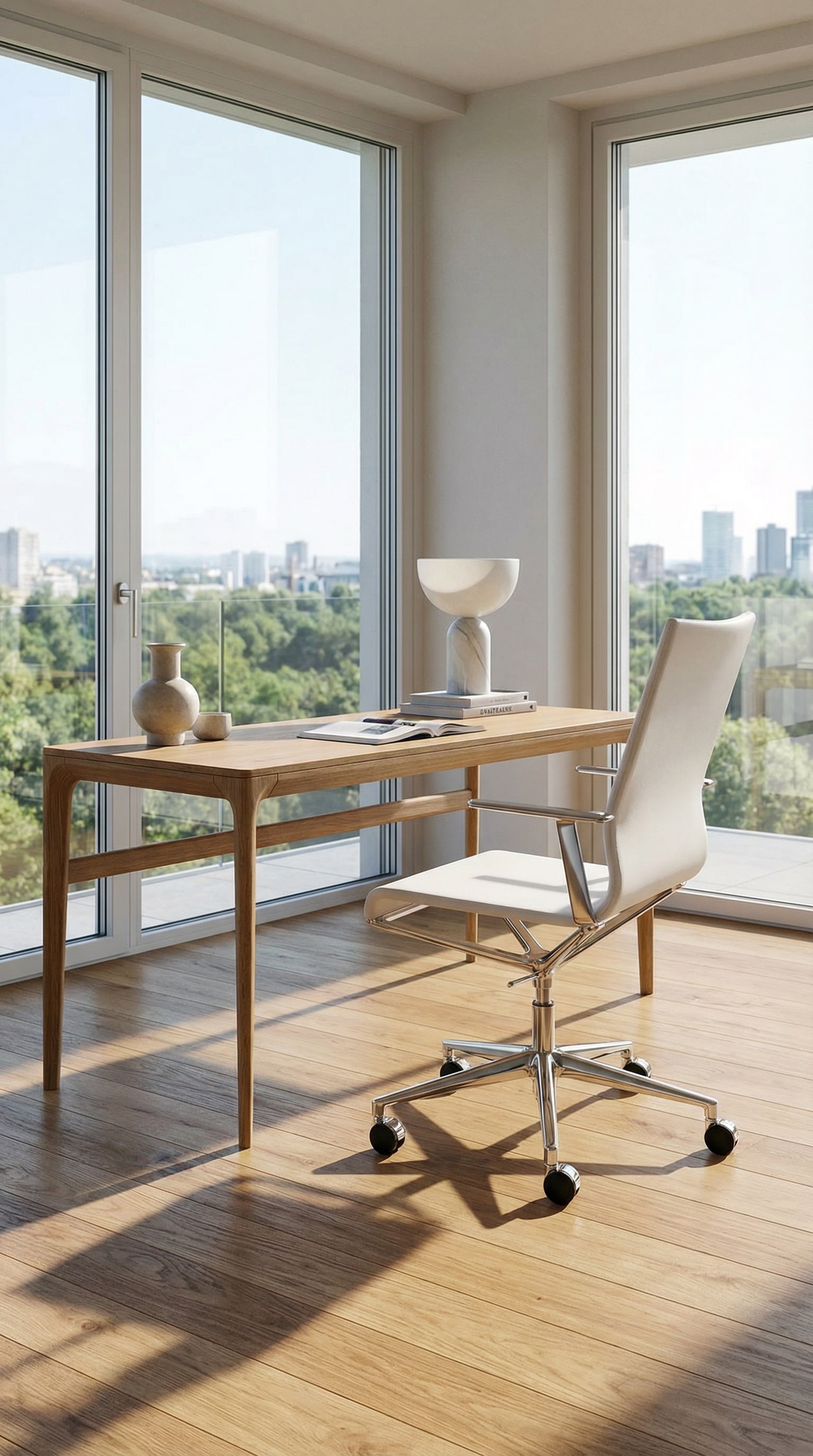 Le fauteuil de bureau filigrane ICF Stick ETK dans un espace de bureau à domicile aménagé de manière minimaliste avec parquet en chêne Le fauteuil de bureau filigrane ICF Stick ETK dans un espace de bureau à domicile aménagé de manière minimaliste avec parquet en chêne