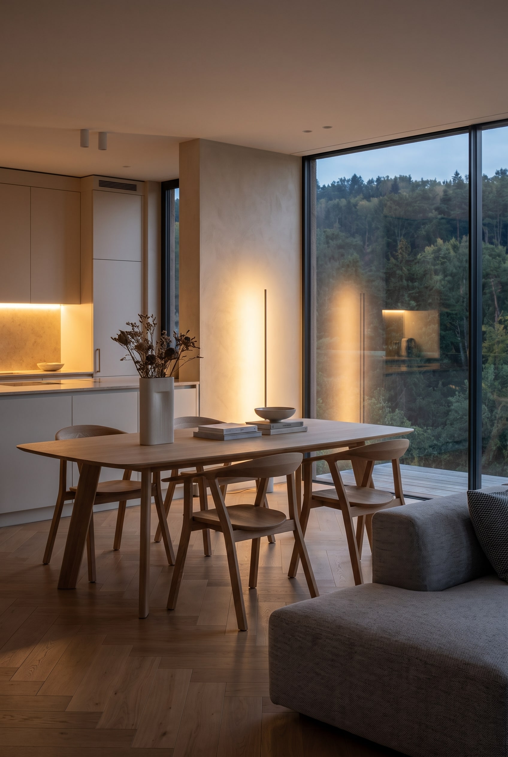 Helles Esszimmer mit einem Massivholztisch mit d&uuml;nner Schweizer Kante und drei Holzst&uuml;hlen