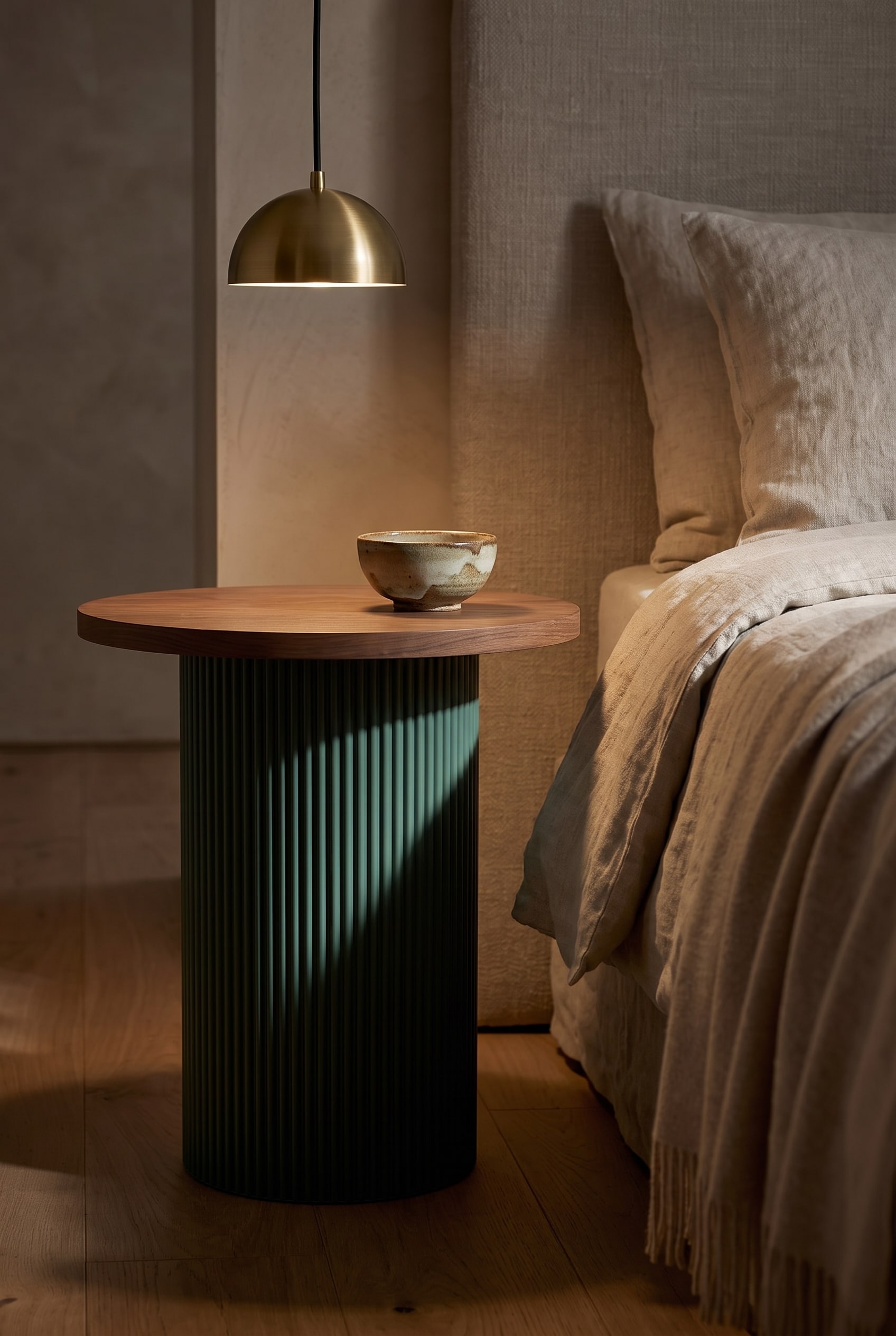 Chambre &agrave; coucher artistiquement am&eacute;nag&eacute;e avec la table d'appoint Punt Dune, dont la structure rainur&eacute;e distinctive est &eacute;clair&eacute;e par une suspension
