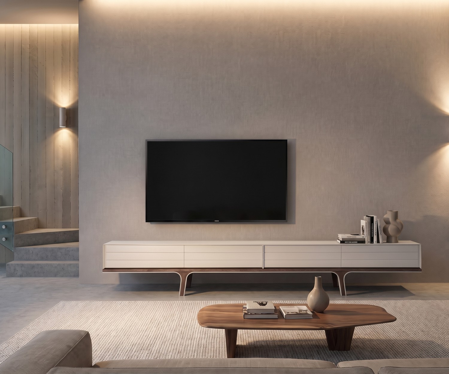 al2 Mobius 004 Designer TV-Lowboard in Weiß al2 Mobius 004 TV-Lowboard im Wohnzimmer unter Fernseher, matt weiß lackiert mit Holzfüßen im minimalistischen Stil.