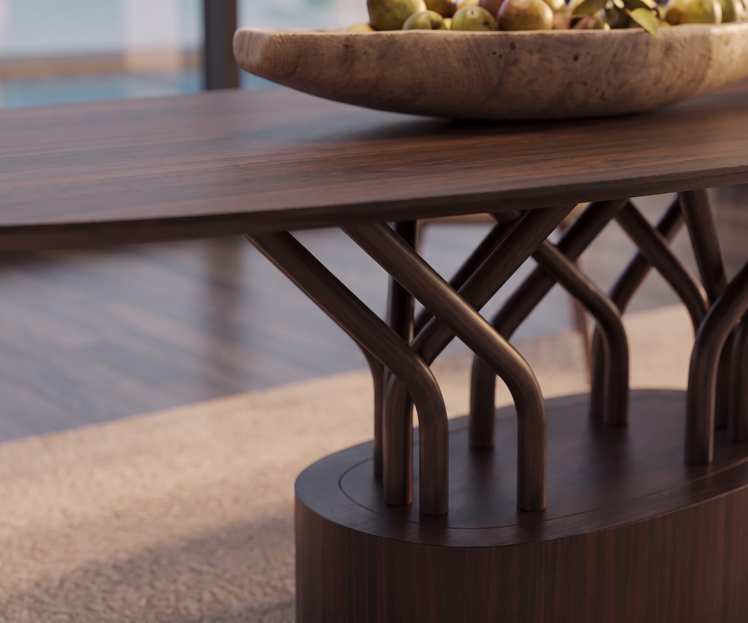 Ovaler al2 wood-oo Esstisch aus Holz im modernen Esszimmer mit zwei grauen Samtsesseln vor großen Fenstern.
