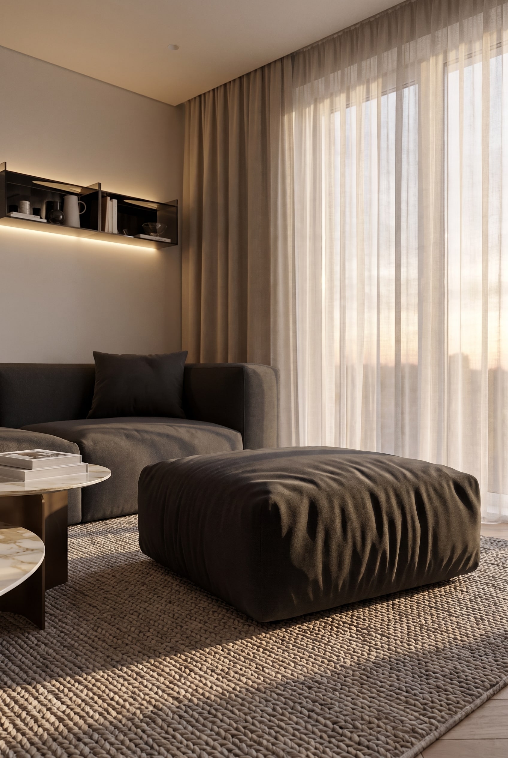 Espace de vie avec de grandes fen&ecirc;tres et un pouf en tissu volumineux, semblable &agrave; un coussin, en gris fonc&eacute;, plac&eacute; sur un tapis doux.