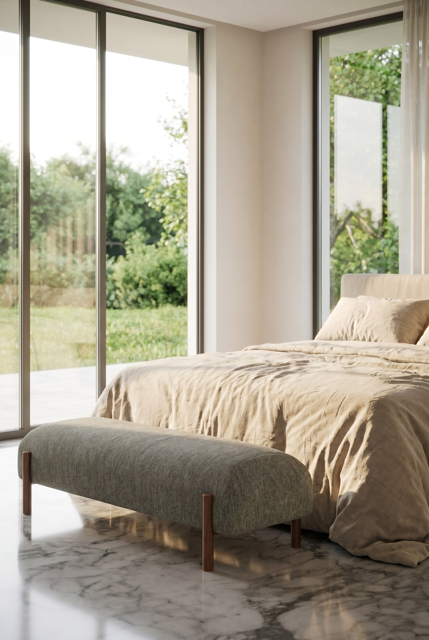 Beigefarbene, organisch geformte Sitzbank am Fu&szlig;ende eines Bettes in einem minimalistischen, lichtdurchfluteten Schlafzimmer