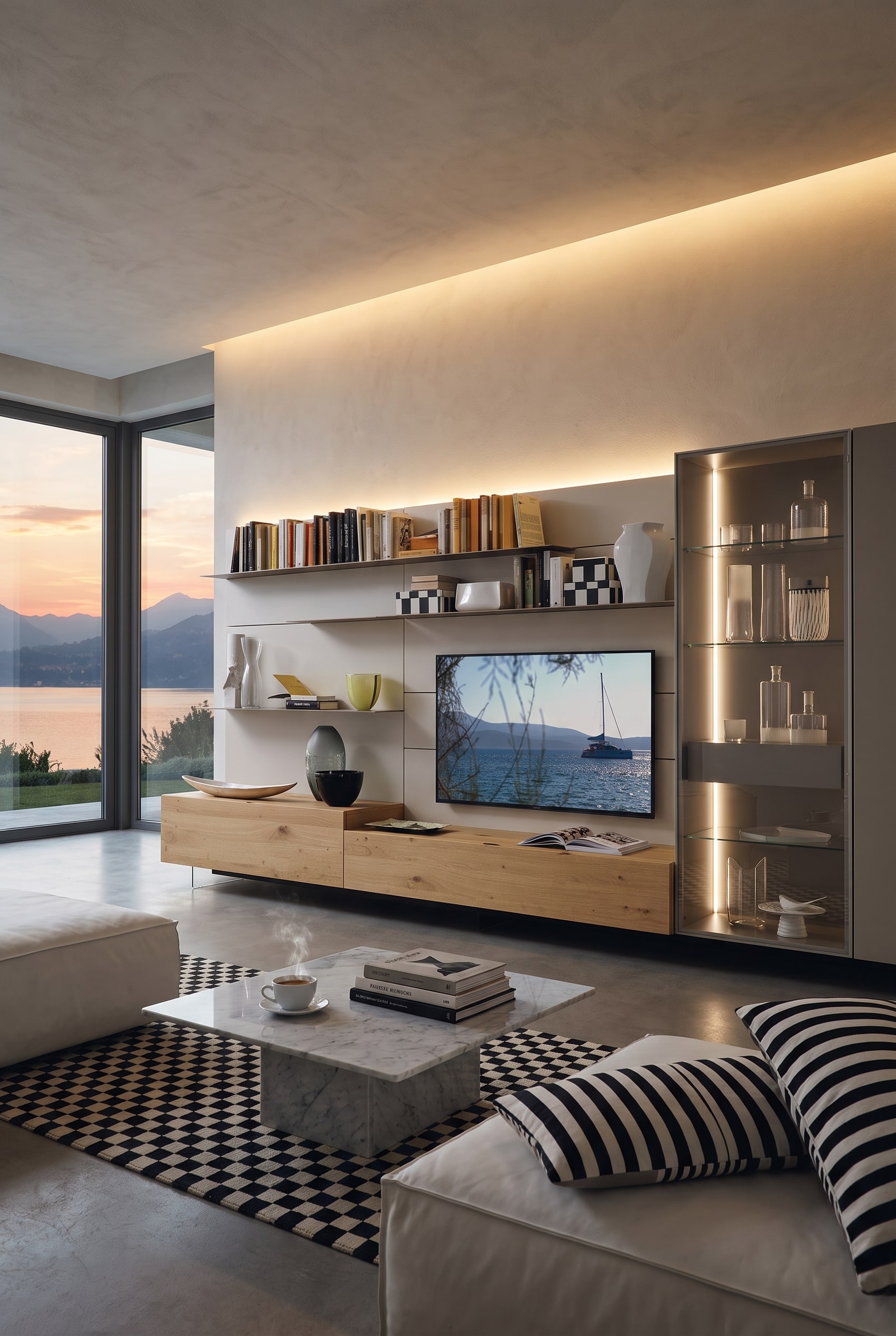 Wohnzimmerwand mit einer asymmetrisch arrangierten Wohnwand aus geschlossenen Schr&auml;nken, offenen Regalen und seitlich versetztem Fernseher