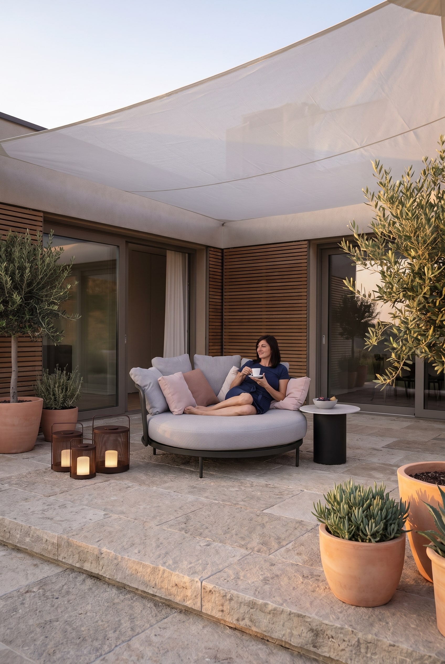 Terrasse en pierre naturelle ensoleillée avec un daybed lounge rond gris clair, généreusement placé à l'ombre d'une voile d'ombrage blanche