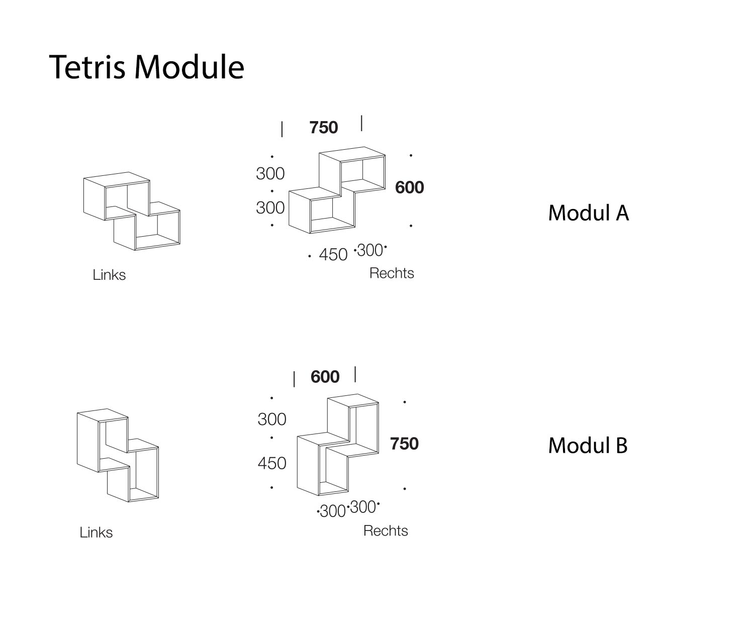 Livitalia Étagère Tetris modules A et B Croquis Dimensions