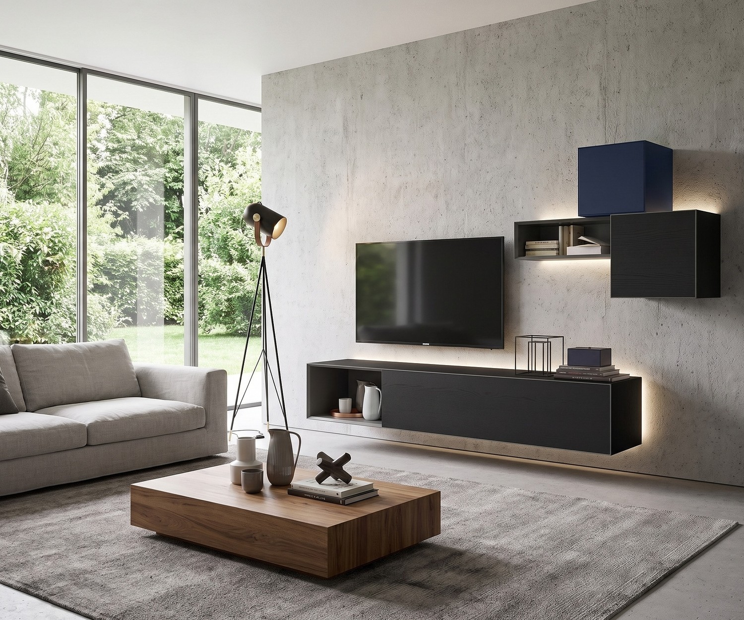 Hängendes TV-Lowboard Minimal aus Eiche Dunkel Livitalia Minimal TV-Lowboard hängend in Eiche Dunkel für ein modernes Wohnzimmer mit LED-Beleuchtung.