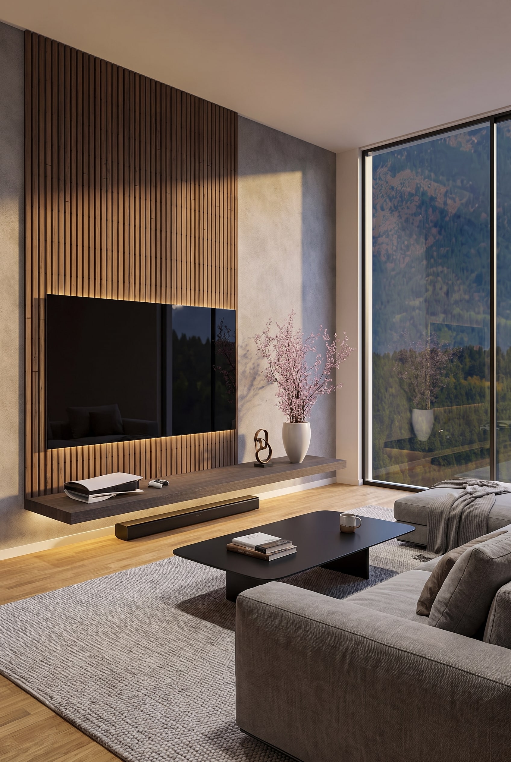 Minimalistische Eichen-Lamellenwand im Wohnzimmer mit einem filigranen Wandboard und einer darauf platzierten Soundbar