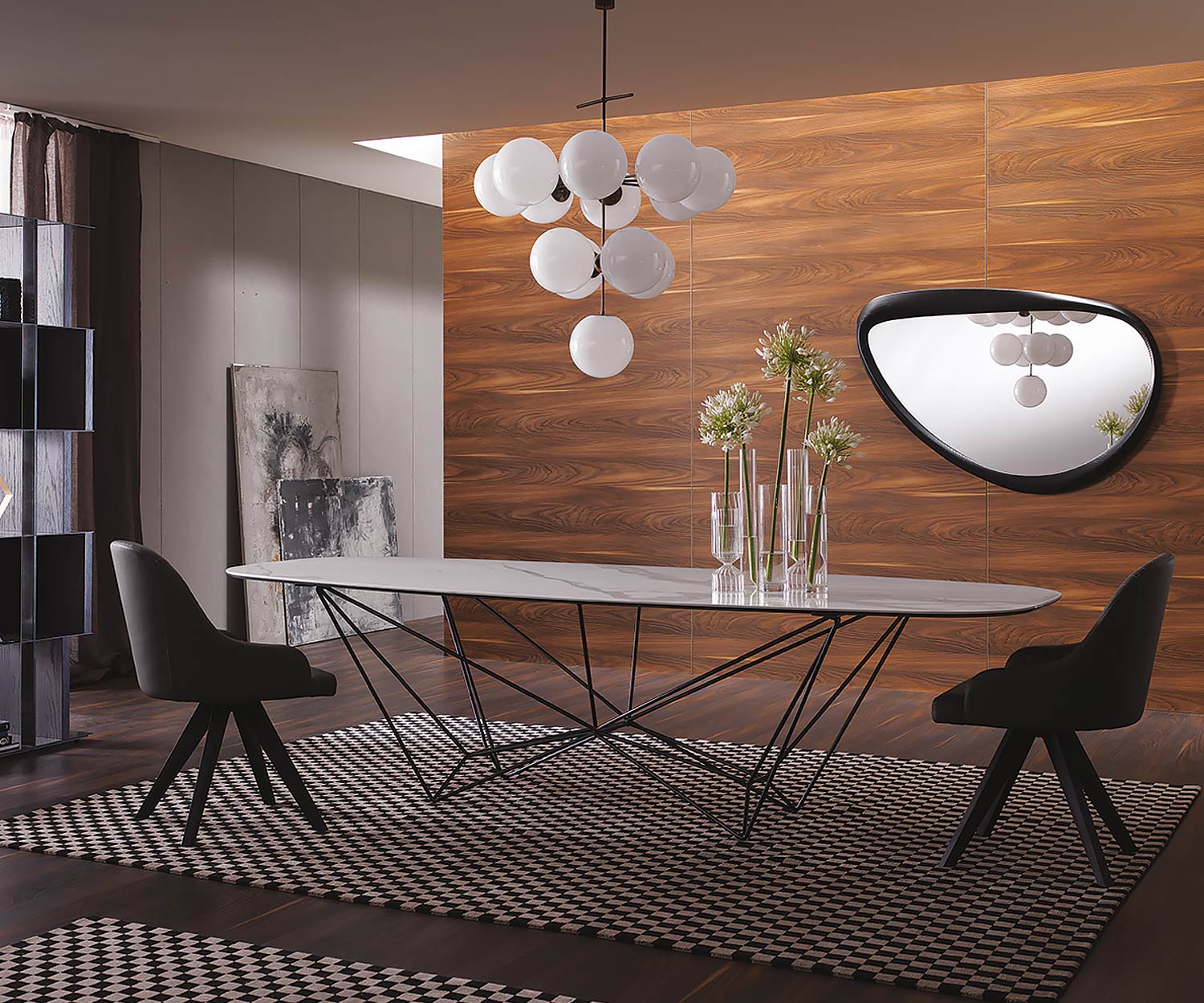Grande table de salle à manger design Ozzio Fil8 Fisso T237 avec plateau de table en céramique Calacatta en verre
