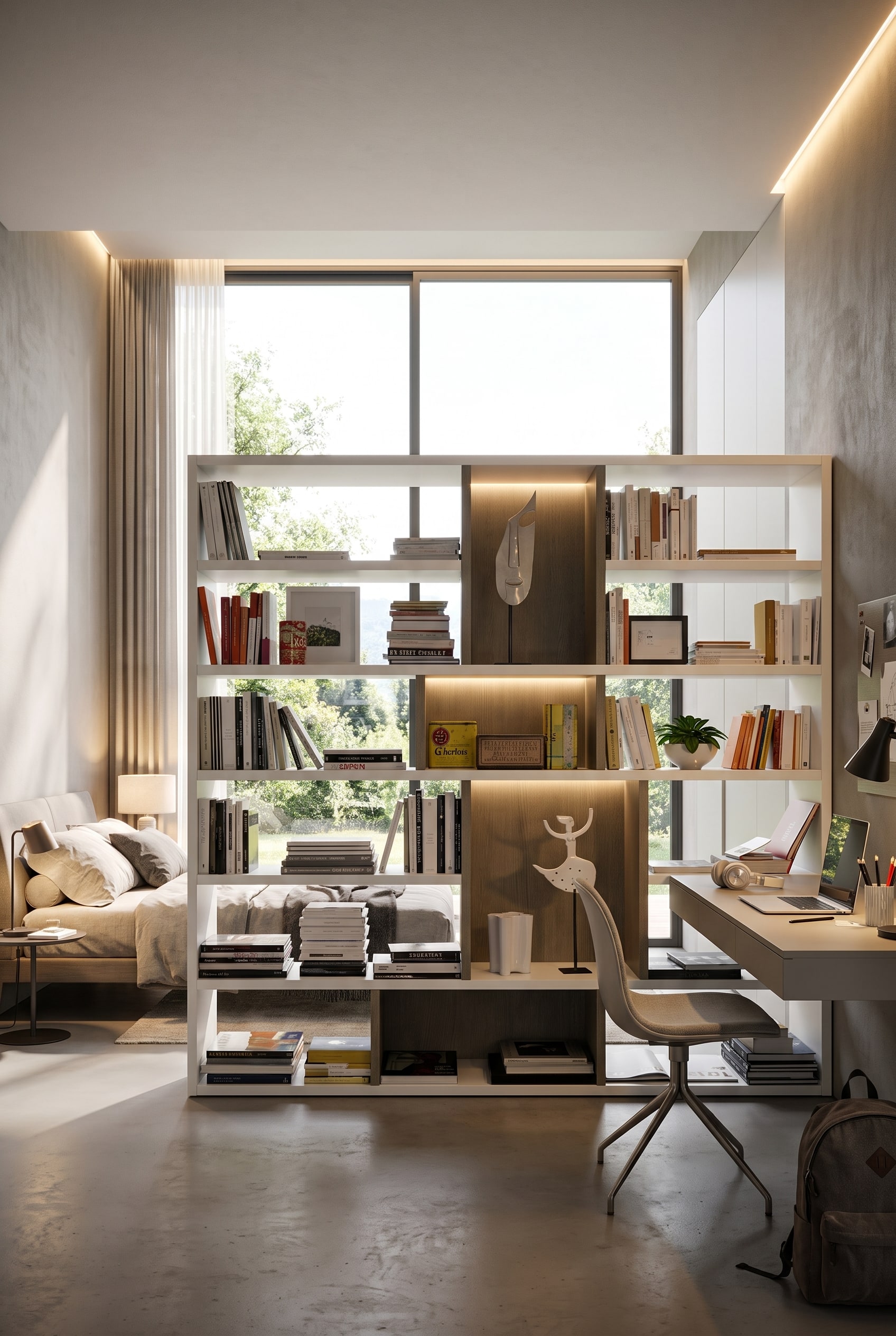 Chambre d'adolescent moderne avec une biblioth&egrave;que ouverte asym&eacute;trique en bois blanc mat servant de s&eacute;parateur de pi&egrave;ce entre le bureau et le lit