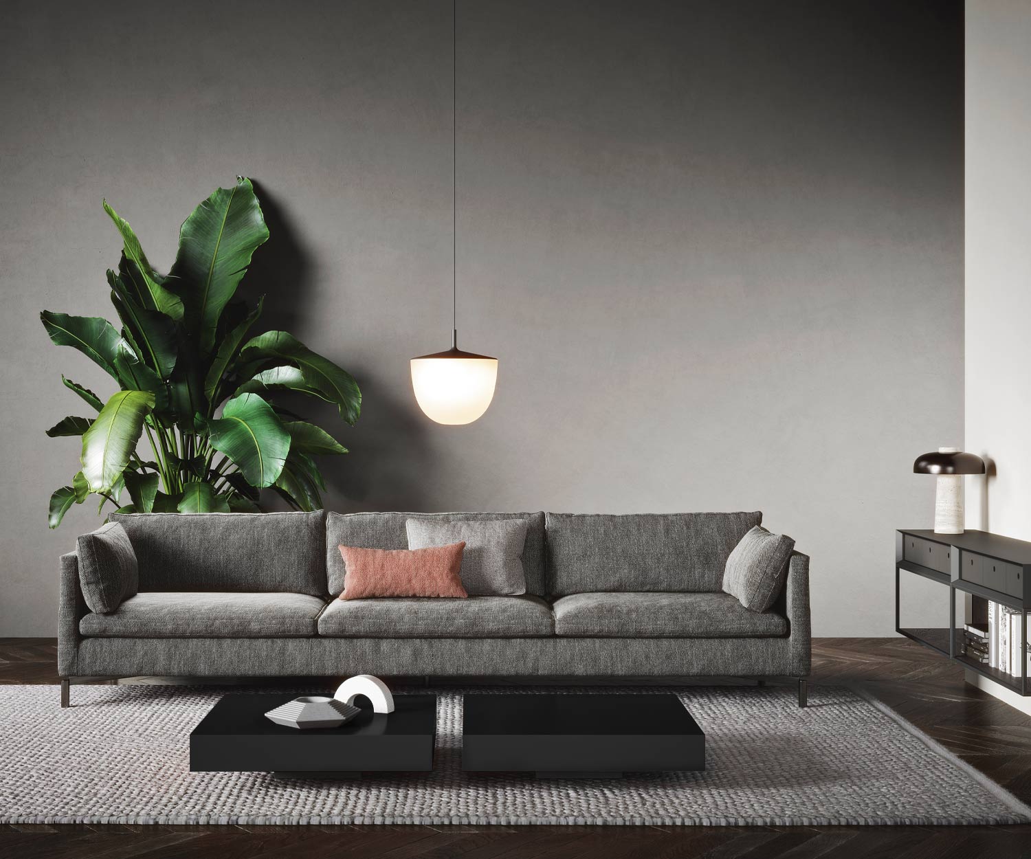 Wohnzimmer Designer Couchtisch Schatten in Schwarz Matt vor Sofa Wohnzimmer Designer Couchtisch Schatten in Schwarz Matt vor Sofa