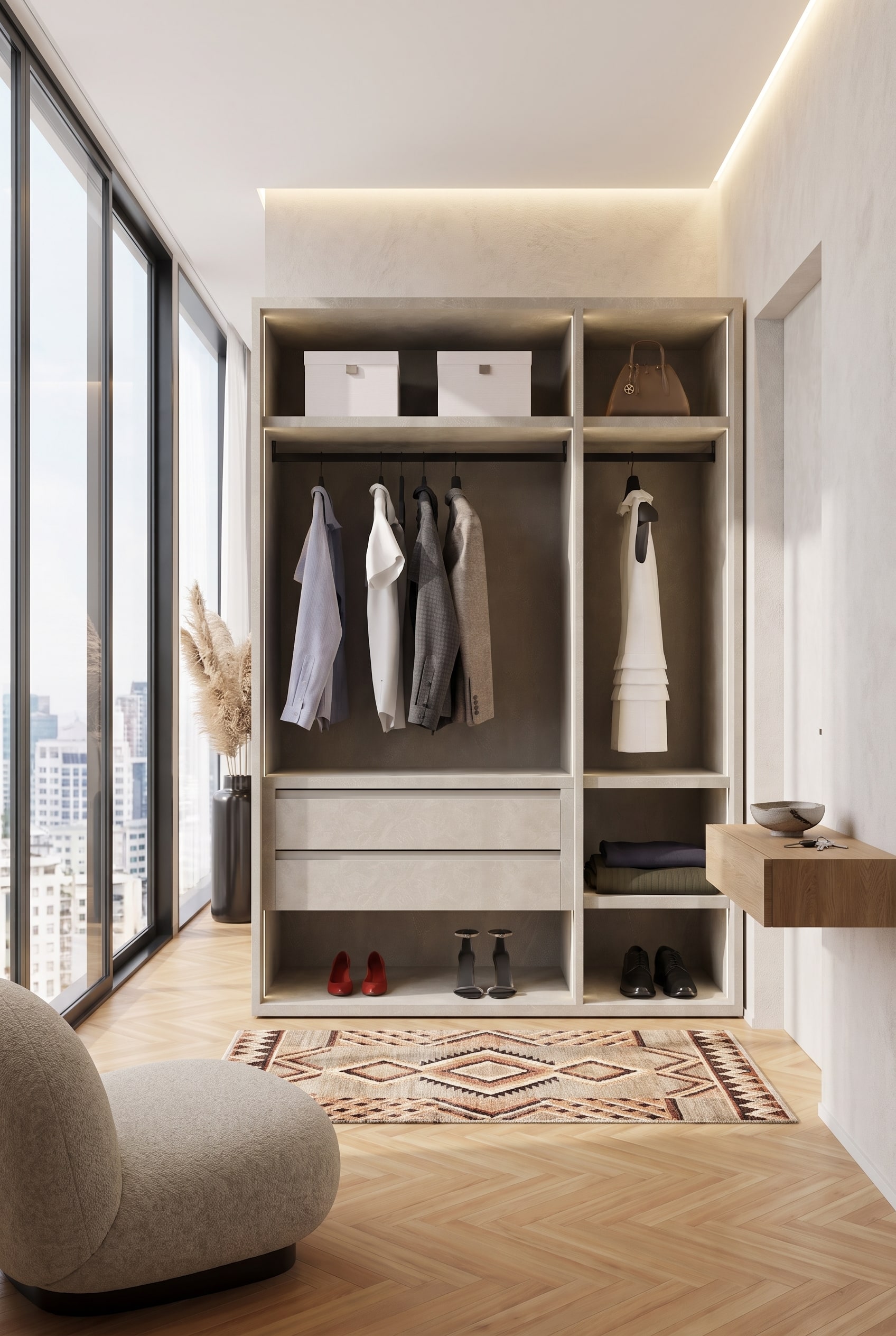 Couloir lumineux avec module d'armoire ouvert en bois de ch&ecirc;ne, manteaux soigneusement suspendus et un tapis g&eacute;om&eacute;trique