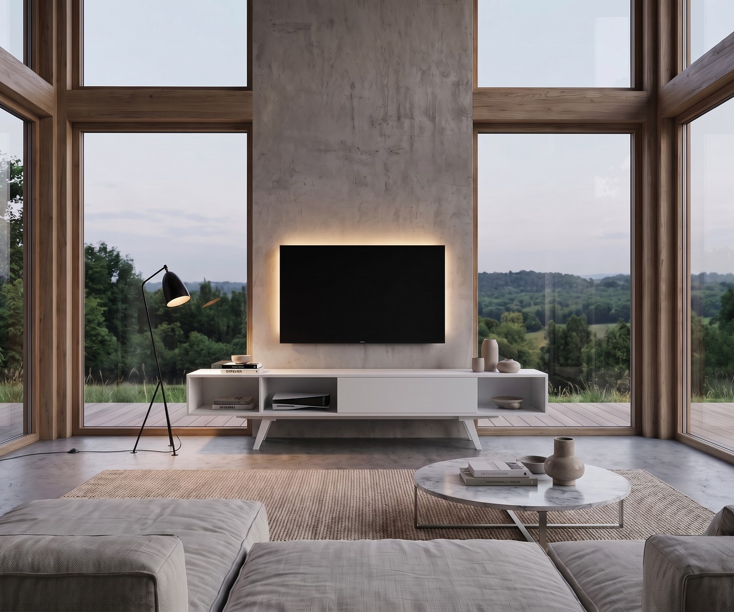 TV Lowboard e-klipse 005 für das Wohnzimmer. Weißes Design-Fernsehmöbel vor Betonwand in moderner, heller Einrichtung.