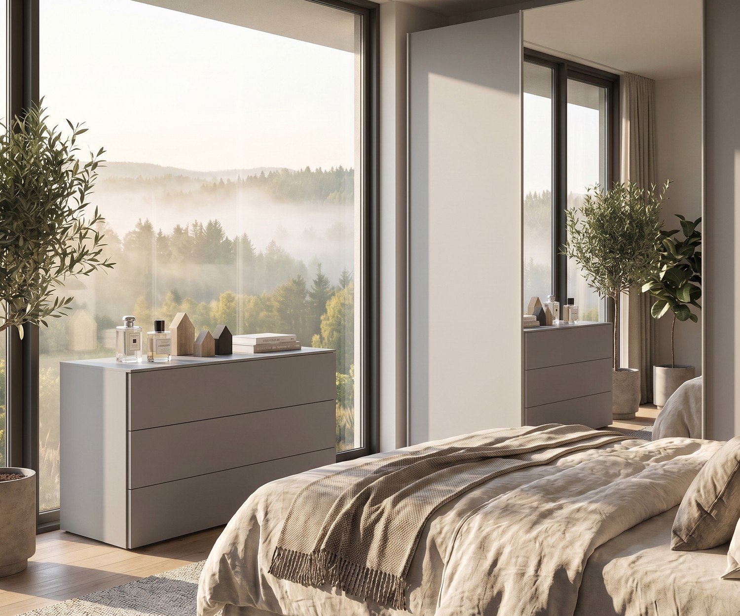 Commode design minimaliste Livitalia Atena Commode Livitalia Atena dans une chambre, commode design moderne en gris installée à côté d'une baie vitrée.