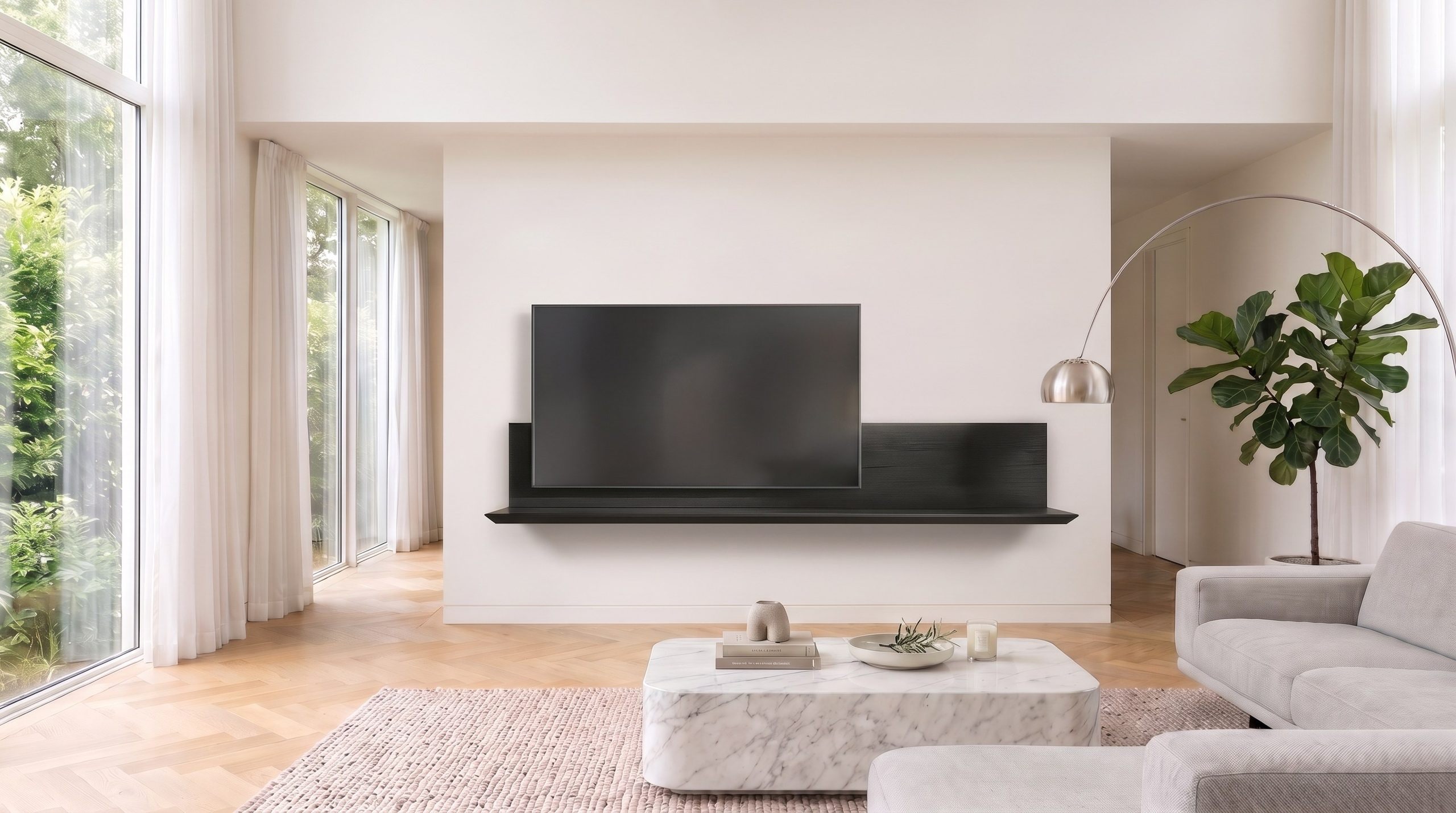 Meuble TV mural Livitalia en aspect bois foncé avec télévision sur un mur de salon clair