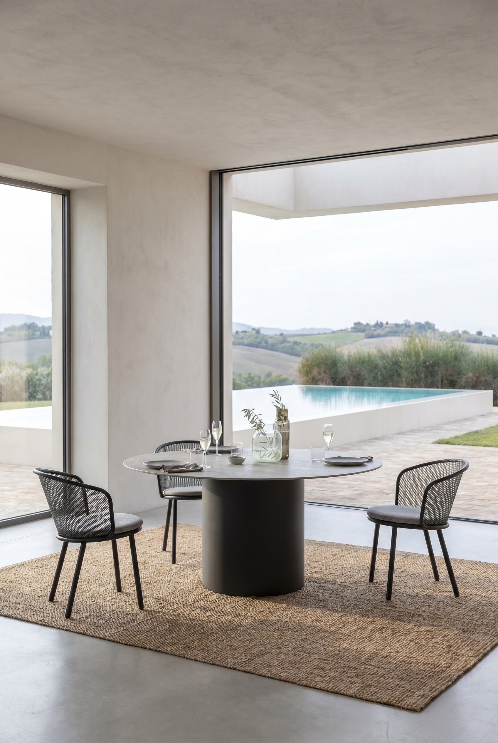 Table &agrave; manger Todus Branta filigrane sur une terrasse estivale, dress&eacute;e avec de la vaisselle en c&eacute;ramique raffin&eacute;e