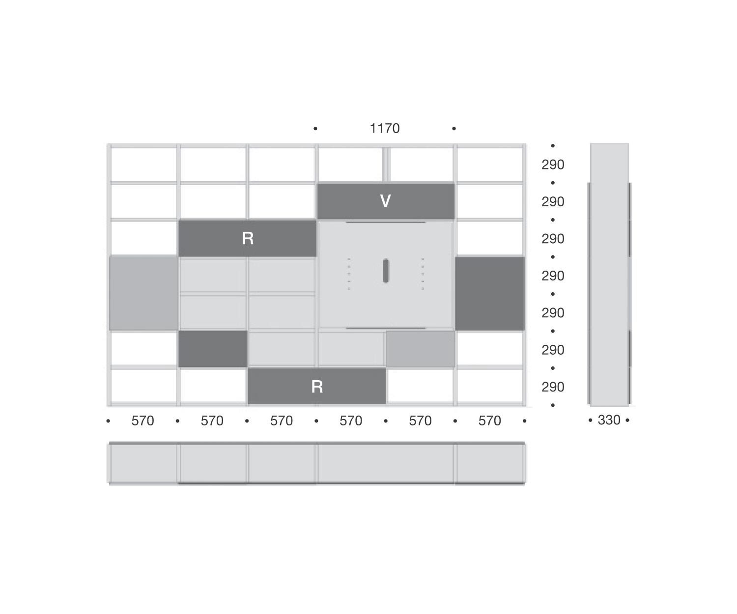 Hochwertiges Regal C90 mit drehbarem TV Paneel Maße Skizze Größen Hochwertiges Regal C90 mit drehbarem TV Paneel Maße Skizze Größen