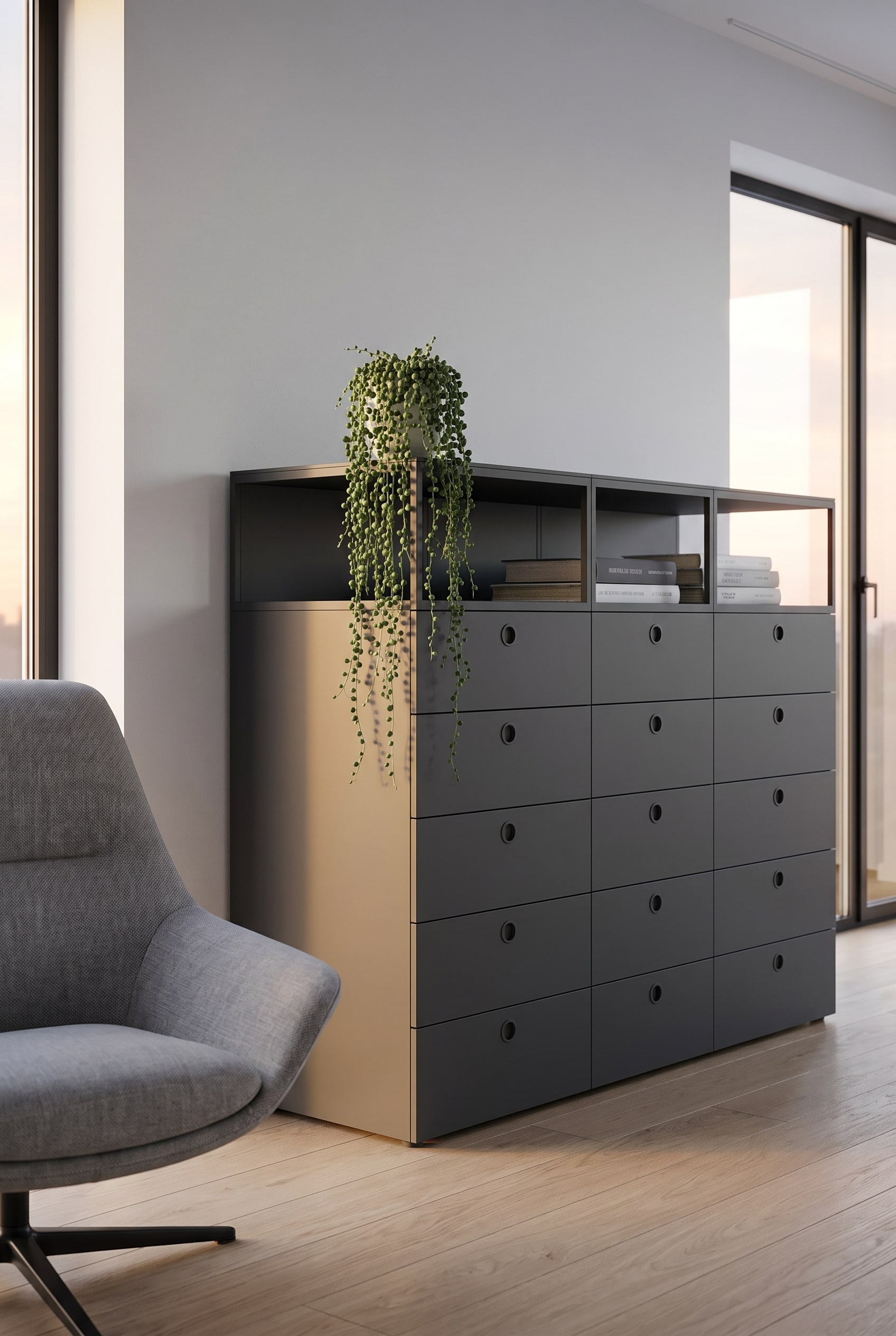 Commode haute minimaliste gris fonc&eacute; contre un mur clair &agrave; c&ocirc;t&eacute; d'un fauteuil dans la chambre