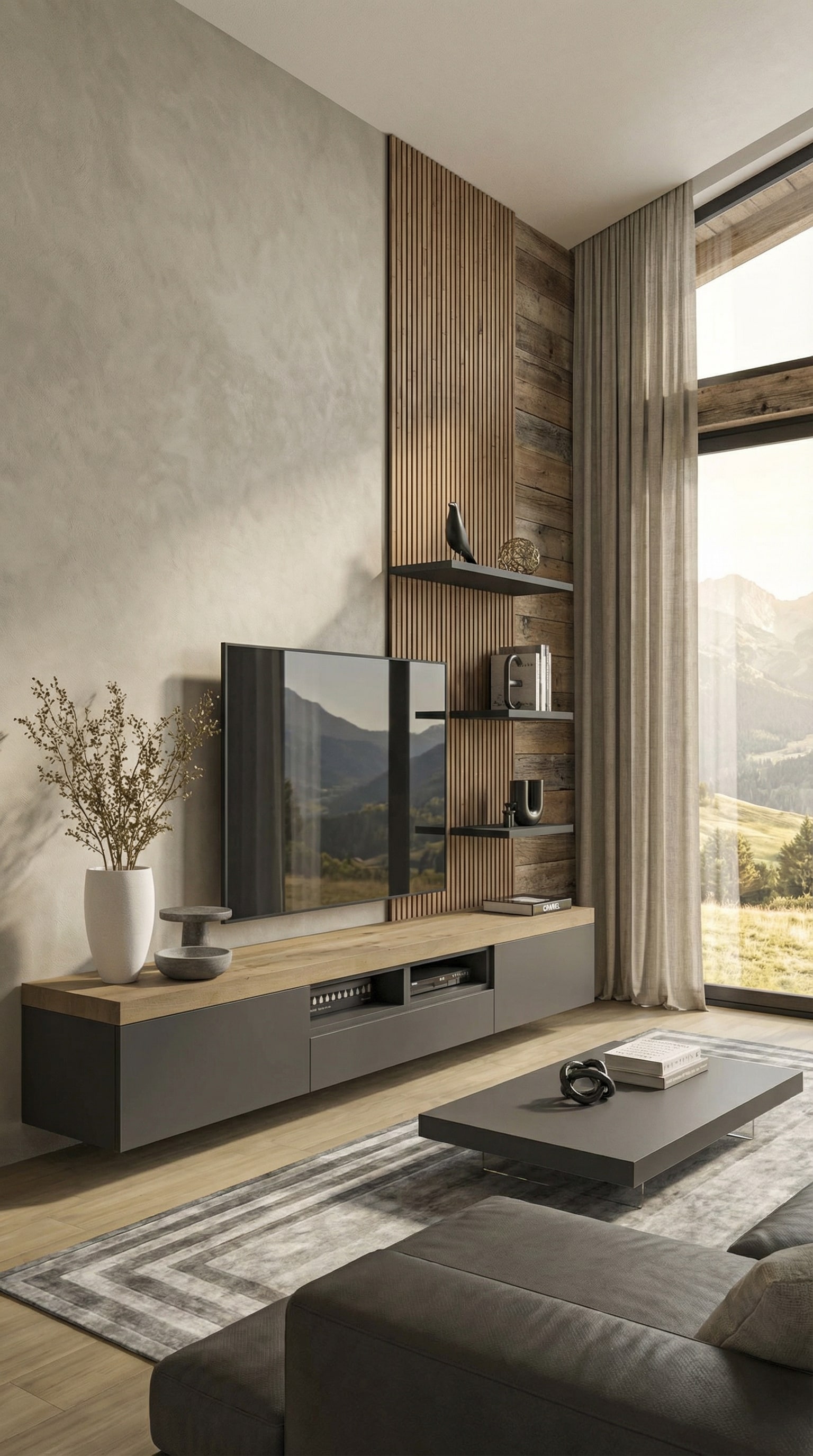 Modernes matt lackiertes Lowboard mit edler Holzabdeckplatte im luxuri&ouml;sen Chalet-Stil