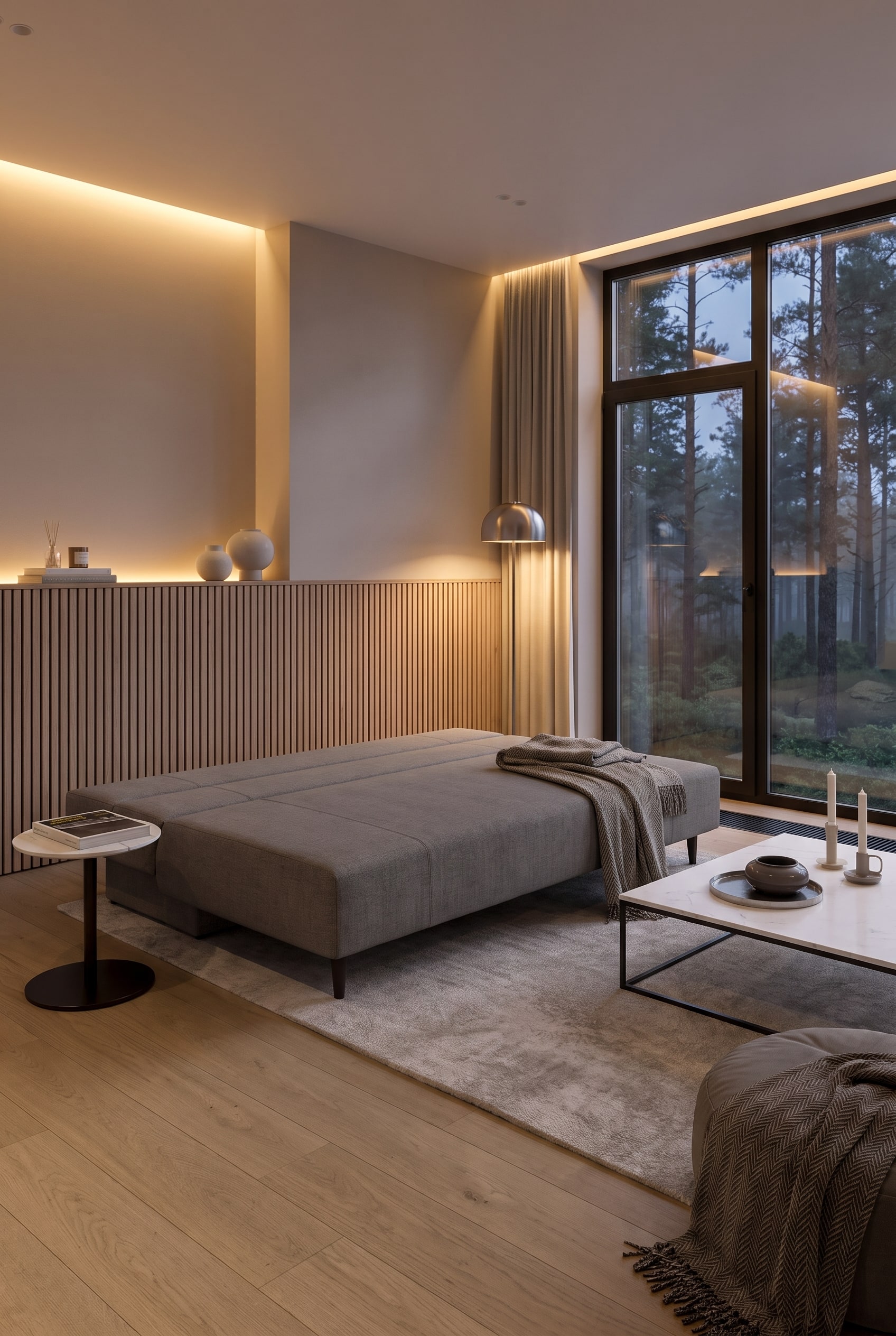 Helles Zimmer mit einem eleganten, gradlinigen Schlafsofa in hellem Grau und einer kleinen Holzkonsole