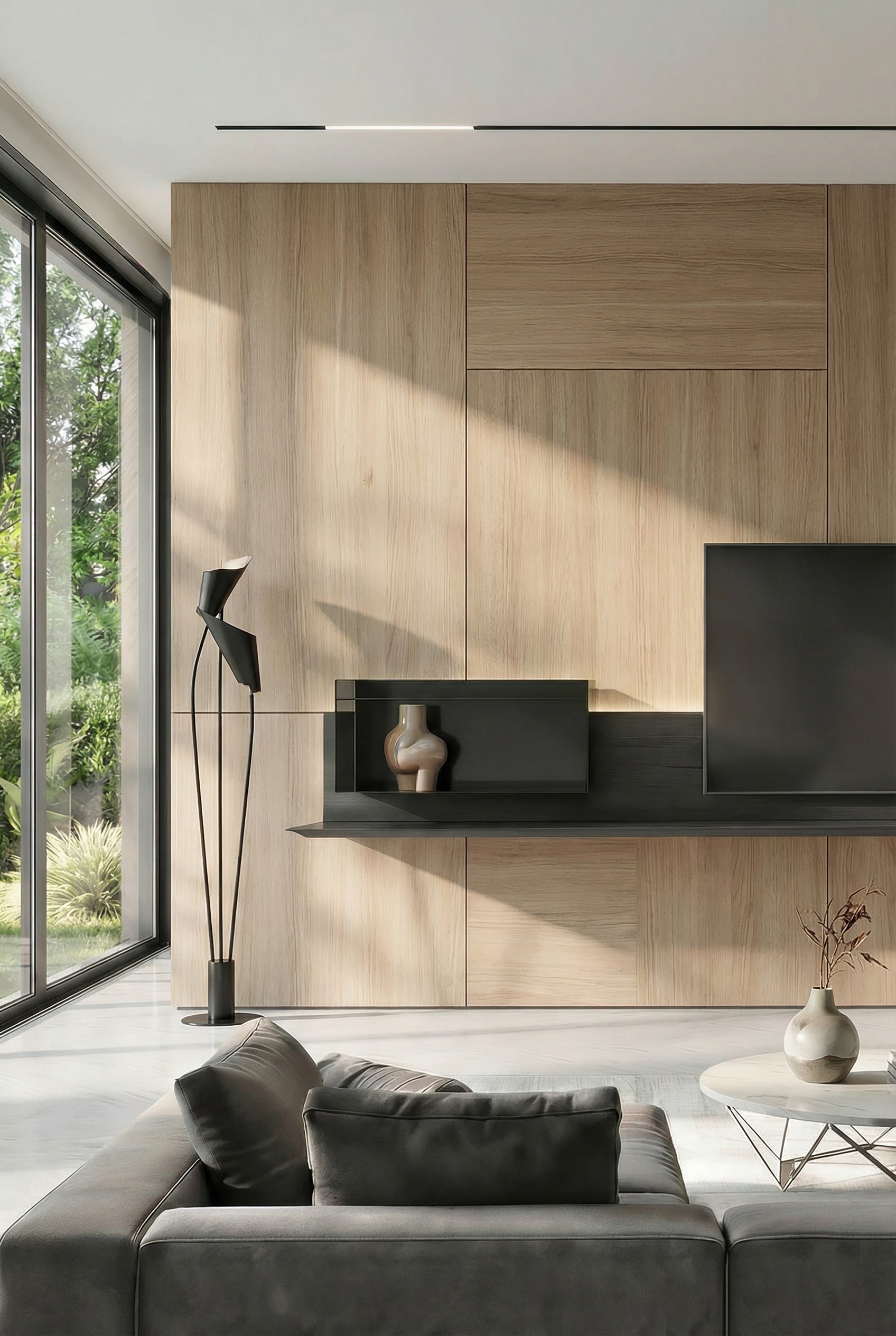Meuble TV mural asymétrique avec étagères décalées Meuble TV mural asymétrique avec étagères décalées
