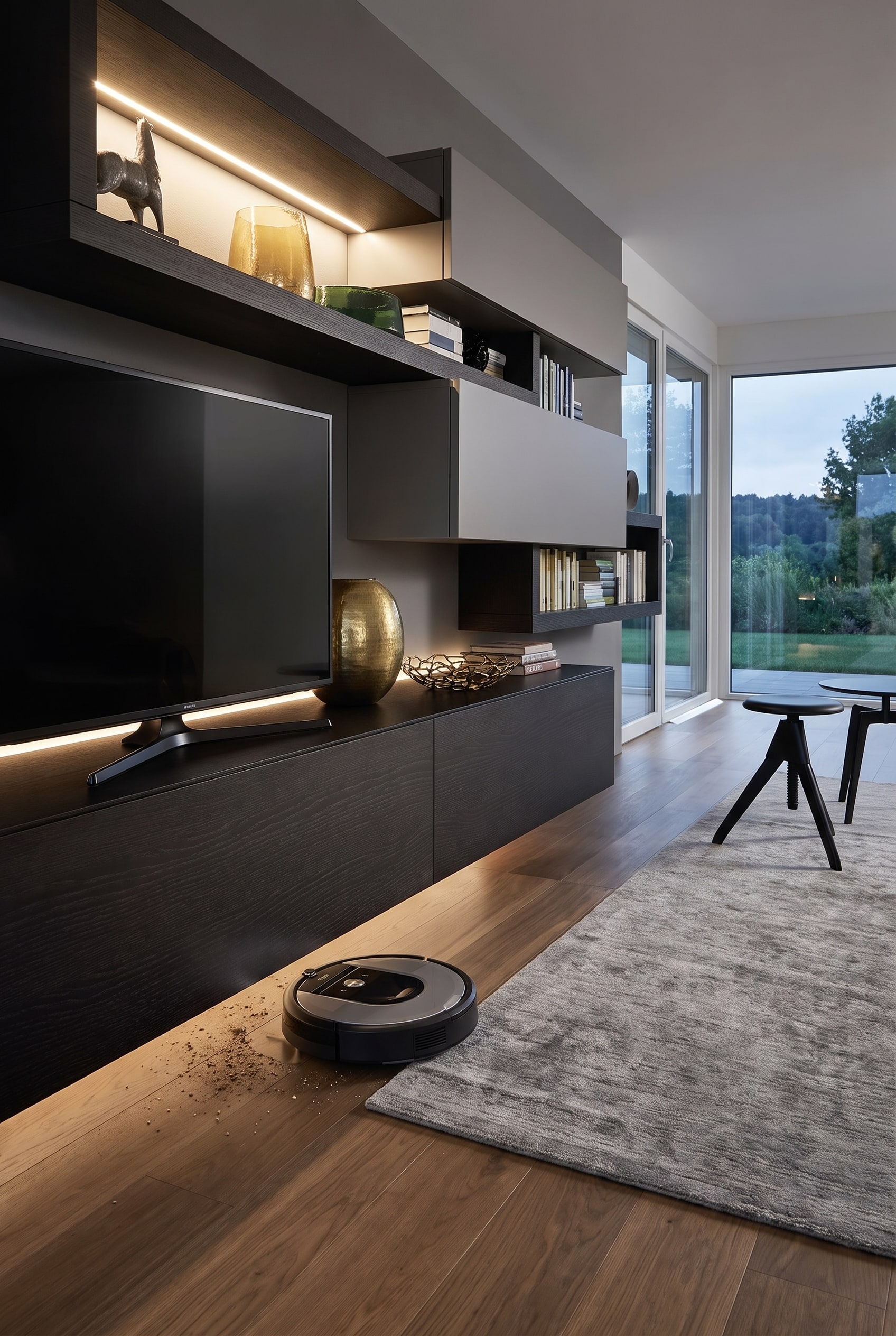 Un meuble TV imposant et pos&eacute; au sol repose &agrave; plat sur un parquet en ch&ecirc;ne, tandis qu'un robot aspirateur s'arr&ecirc;te devant et que la poussi&egrave;re s'accumule dans le joint avec le mur.