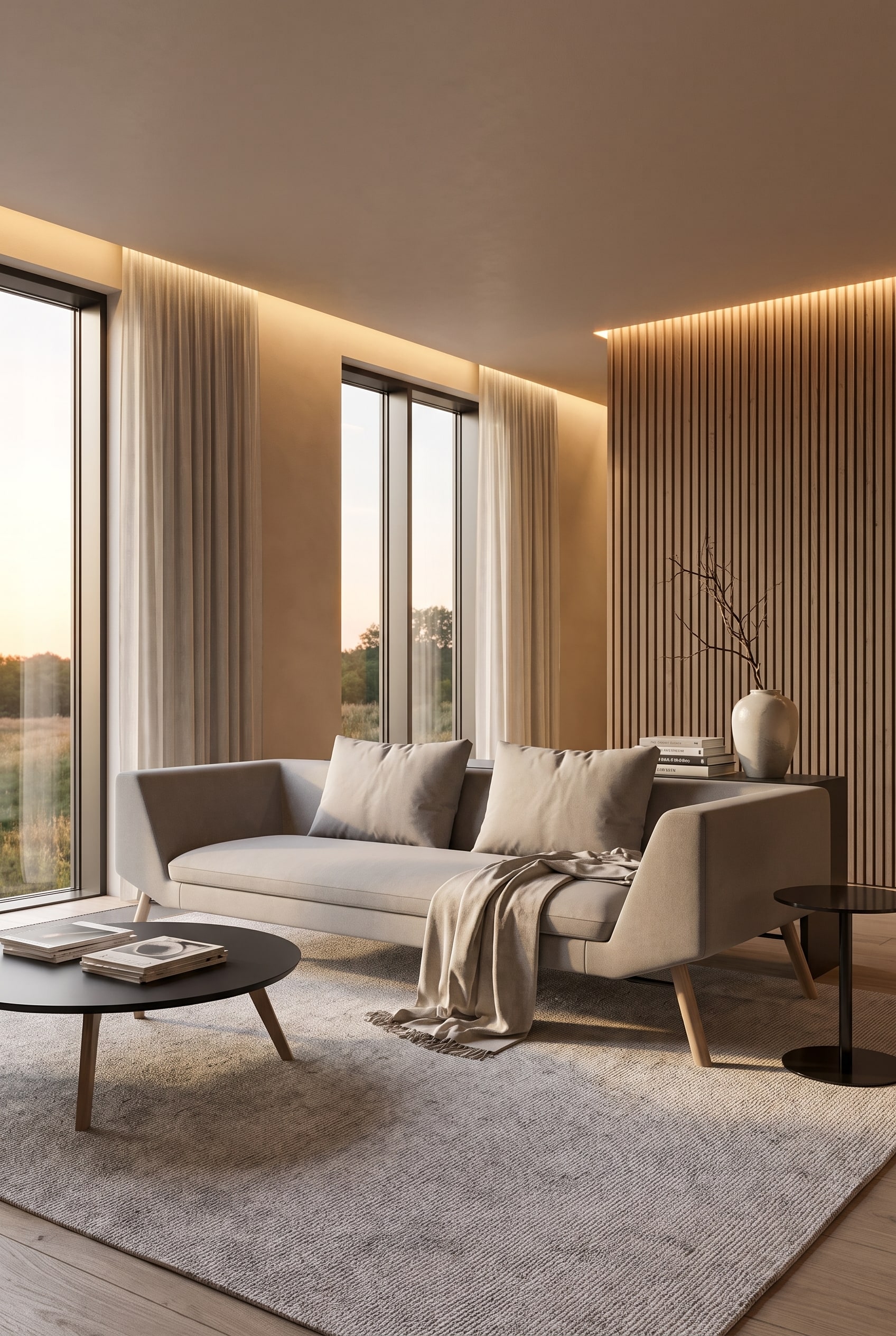 Salon moderne avec des murs mats couleur sable, de grandes fenêtres et un canapé gris linéaire sur pieds en bois