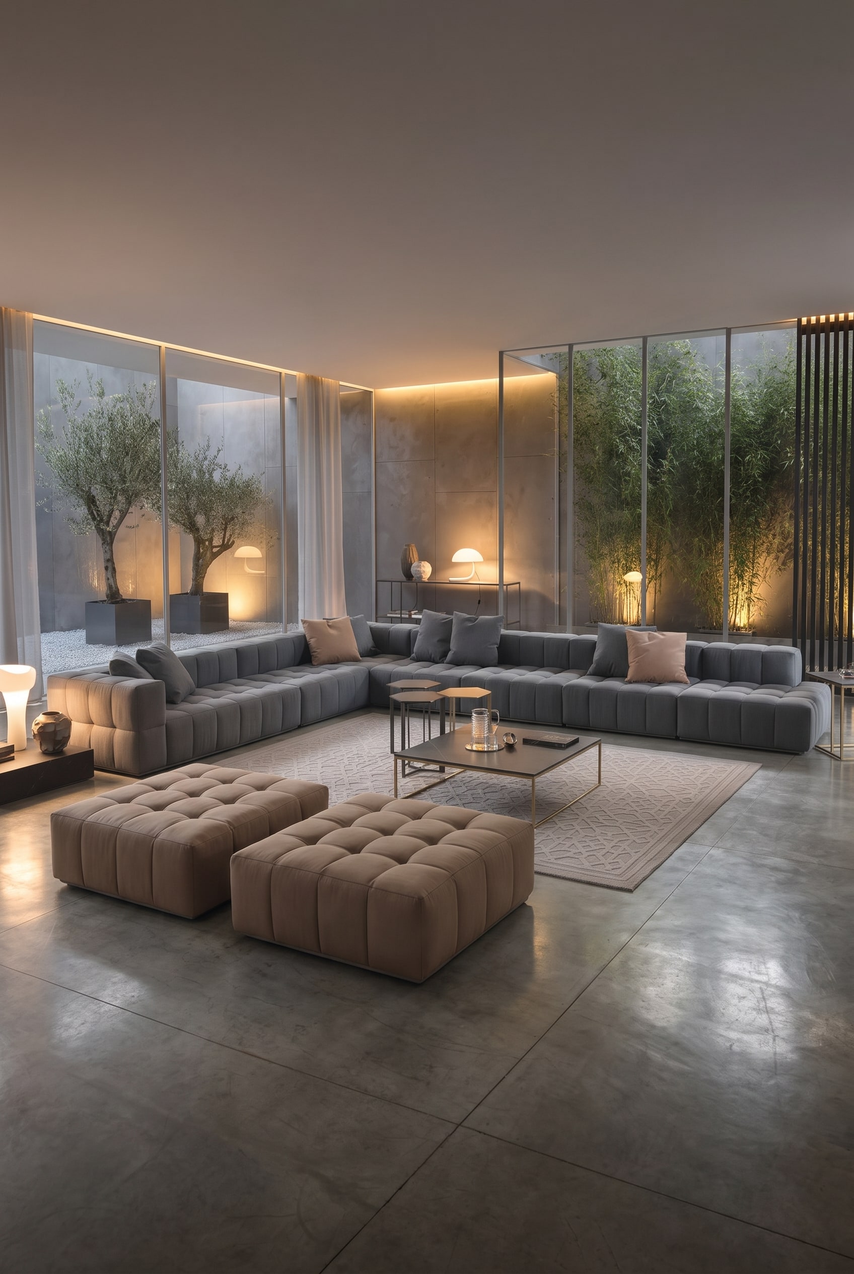 Gro&szlig;es graues Lounge-Sofa in modularer U-Form auf einem hellen Teppich im offenen Industrie-Loft